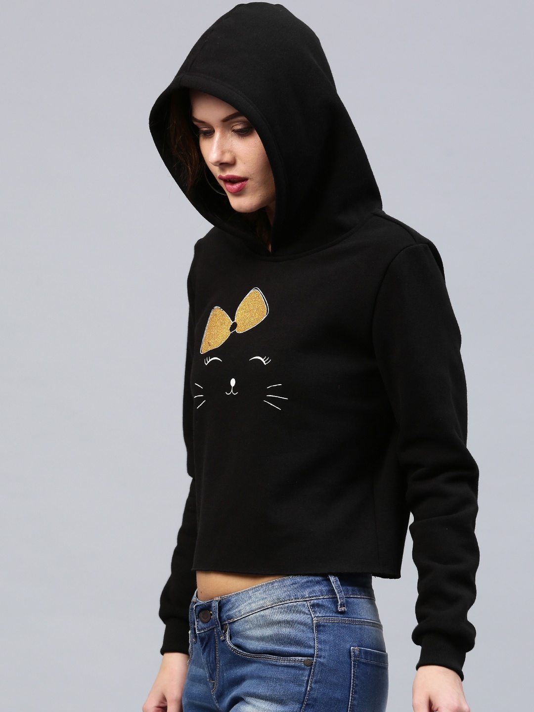 

SASSAFRAS Women Black Printed Detail Hooded Crop Sweatshirt