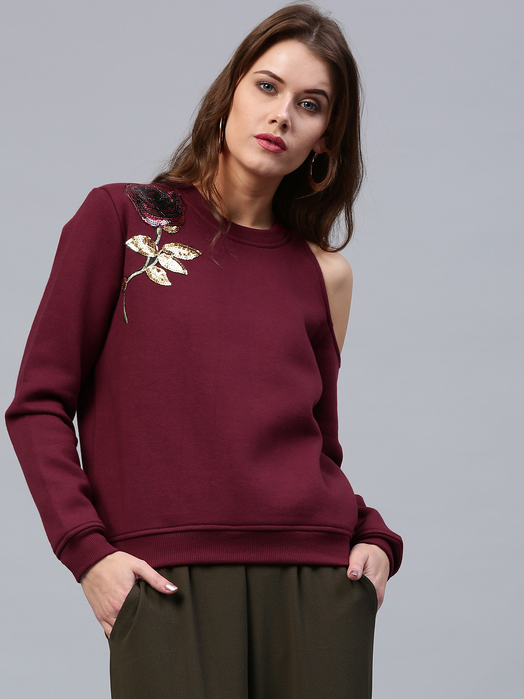 

SASSAFRAS Women Maroon Solid Sweatshirt