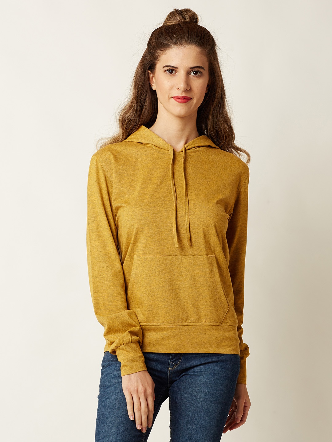 

Miss Chase Women Mustard Solid Hooded Sweatshirt