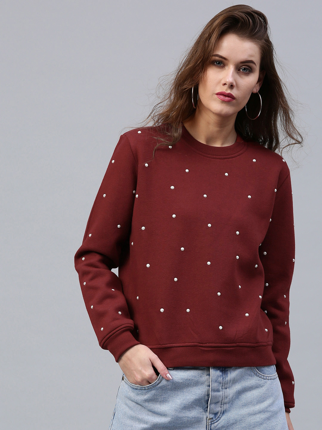 

SASSAFRAS Women Maroon Studded Sweatshirt