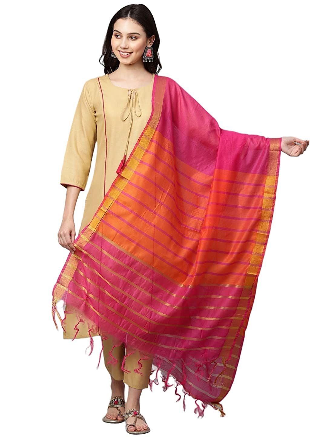 

Nimidiya Pink & Orange Striped Cotton Silk Dupatta