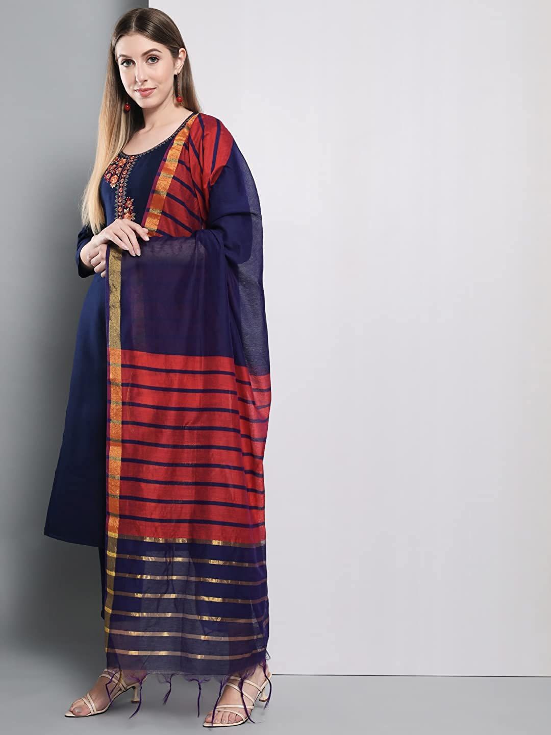 

Nimidiya Striped Cotton Silk Dupatta, Blue