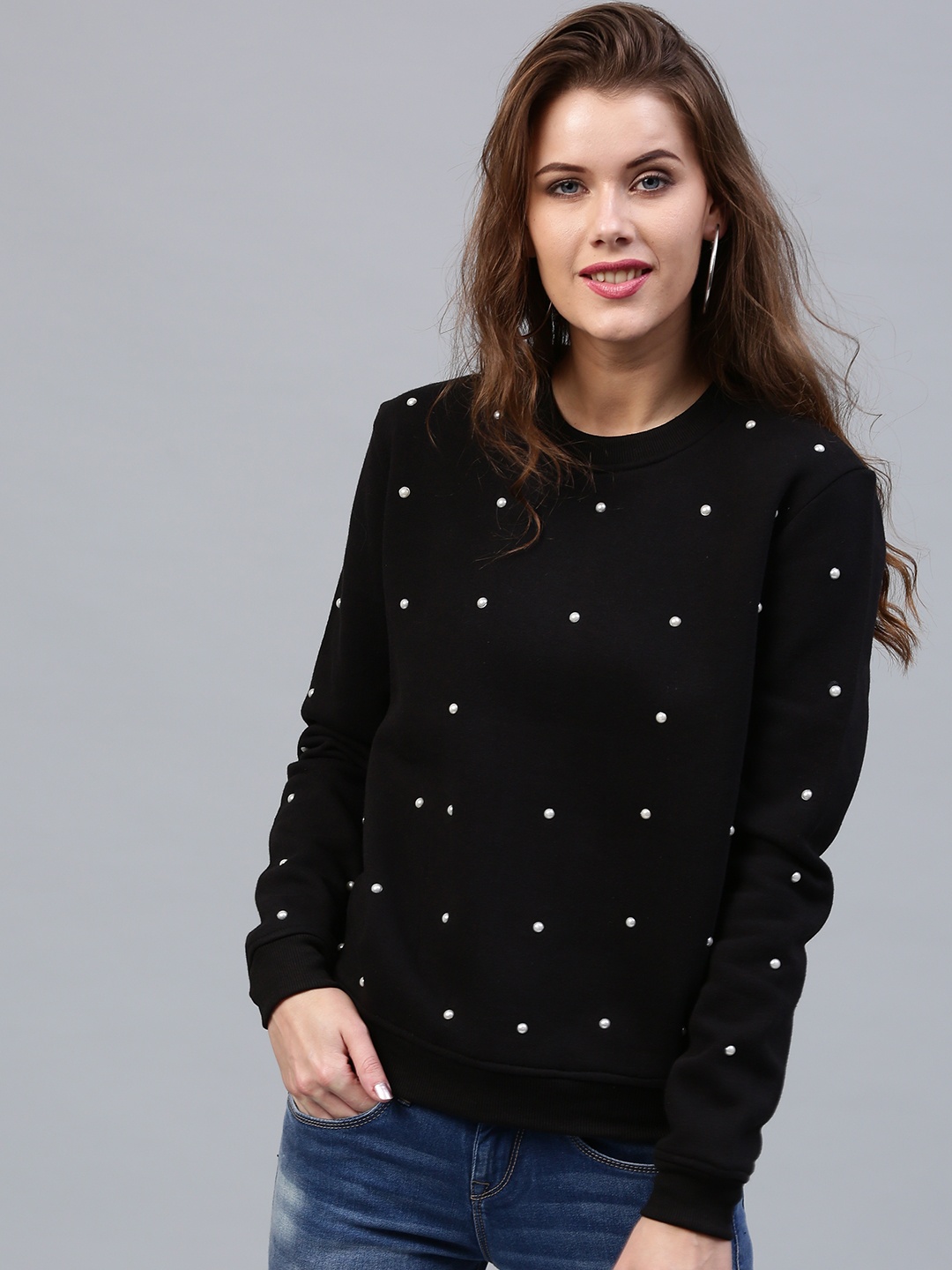 

SASSAFRAS Women Black Studded Sweatshirt