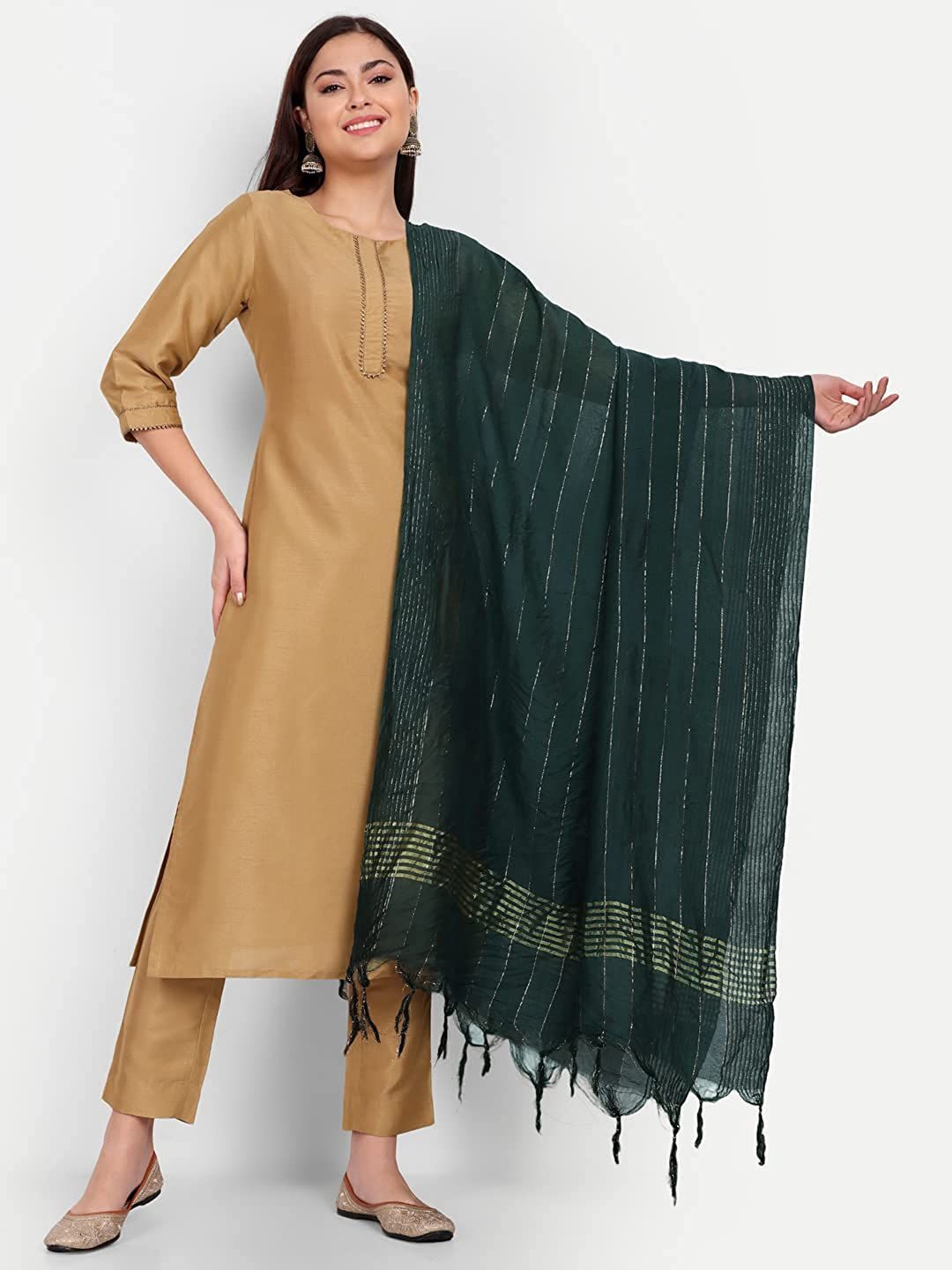 

Nimidiya Striped Zari Cotton Silk Dupatta With Tasselled Border, Green