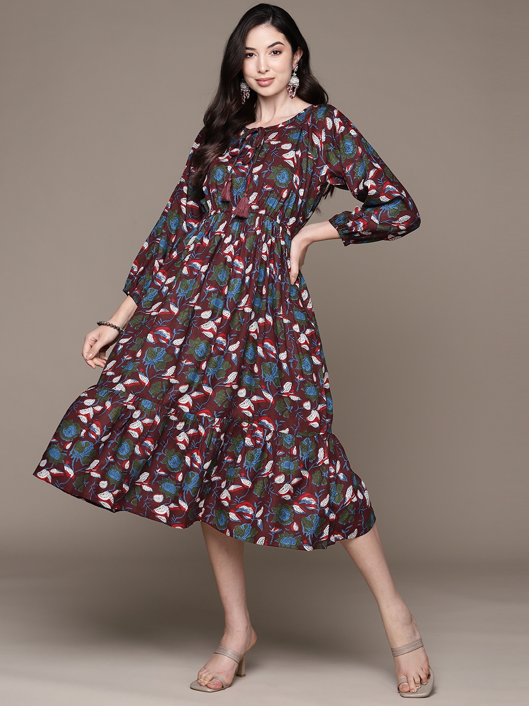 

Anubhutee Floral Print Tie-Up Neck Puff Sleeves Fit & Flare Dress, Beige