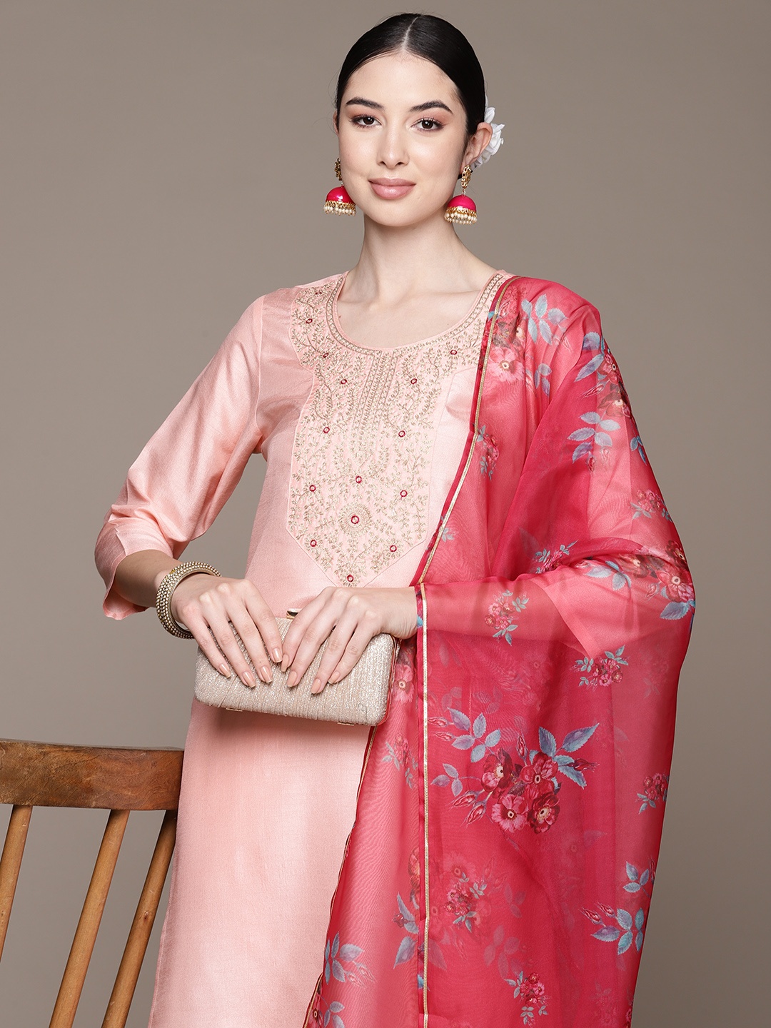 

Anubhutee Ethnic Motifs Zari Embroidered Regular Kurta With Trousers & Dupatta, Pink