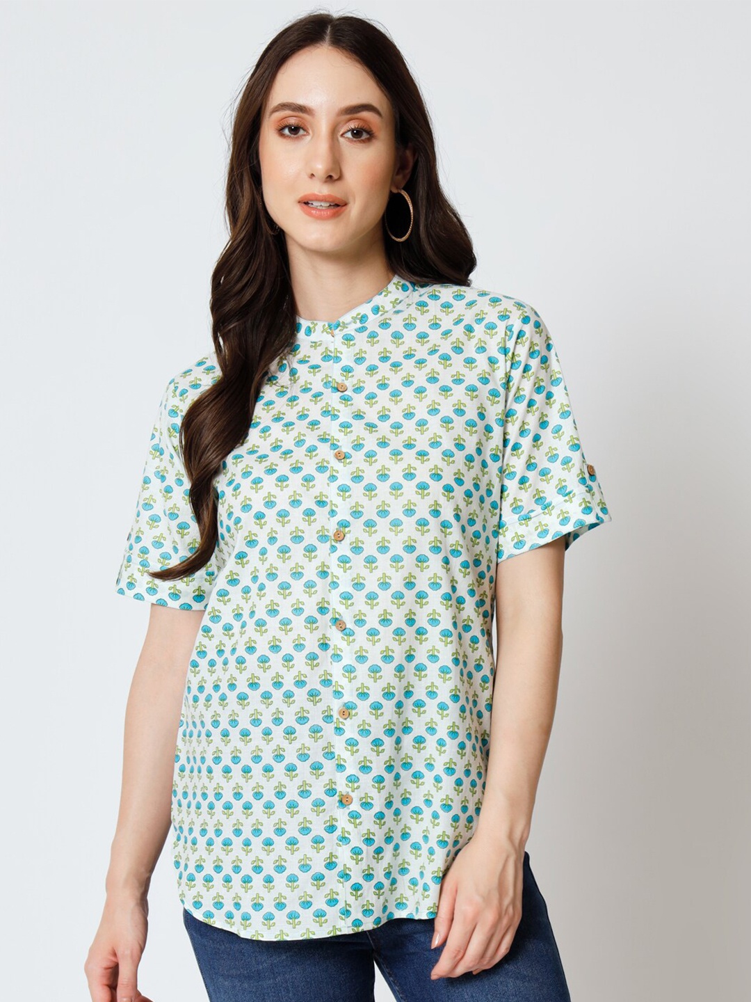 

Mishpra Floral Printed Band Collar Pure Cotton Shirt Style Top, Green