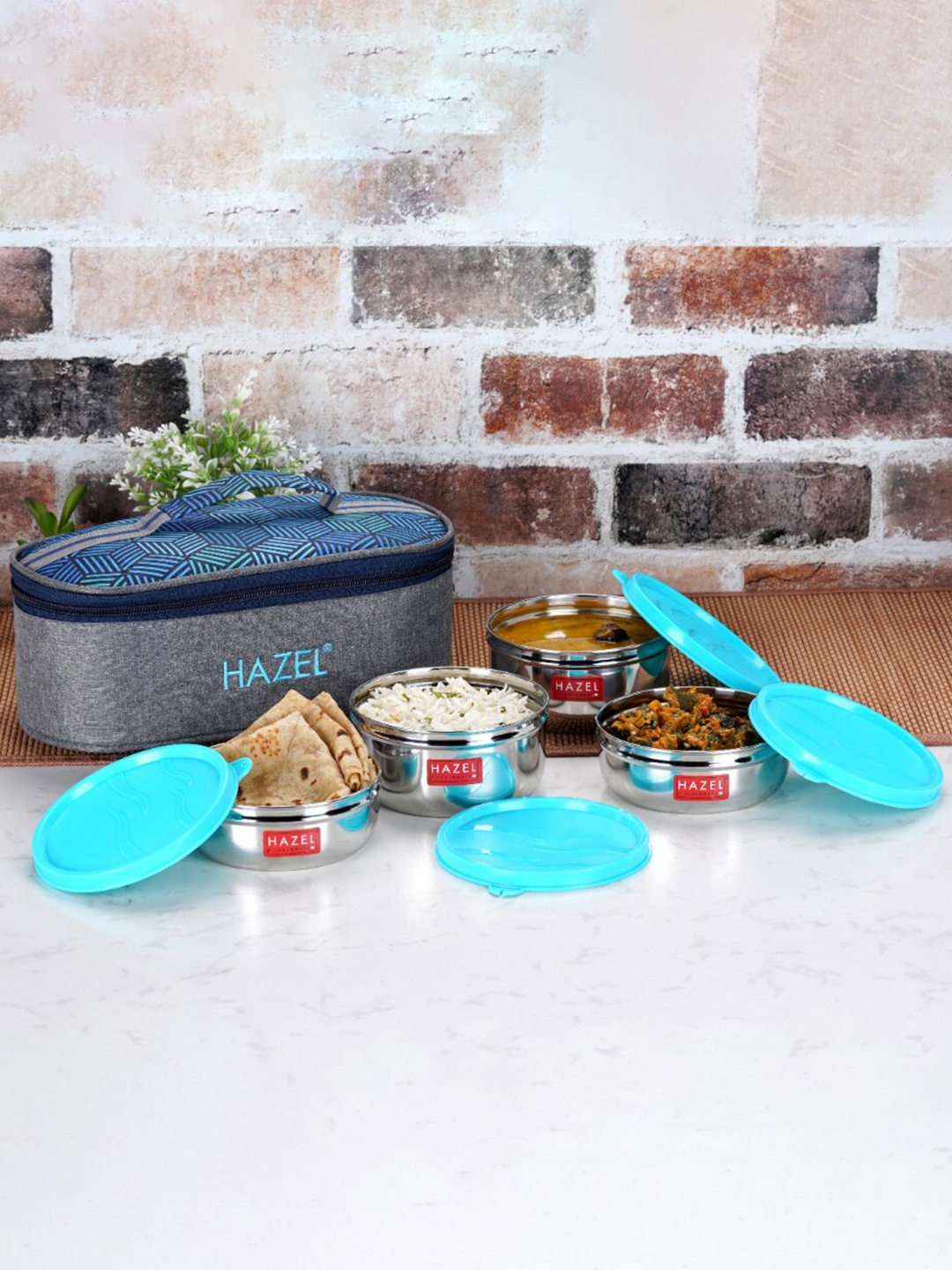 

HAZEL Blue Air Tight Lunch Box With Lunch Bag 750ml, Silver