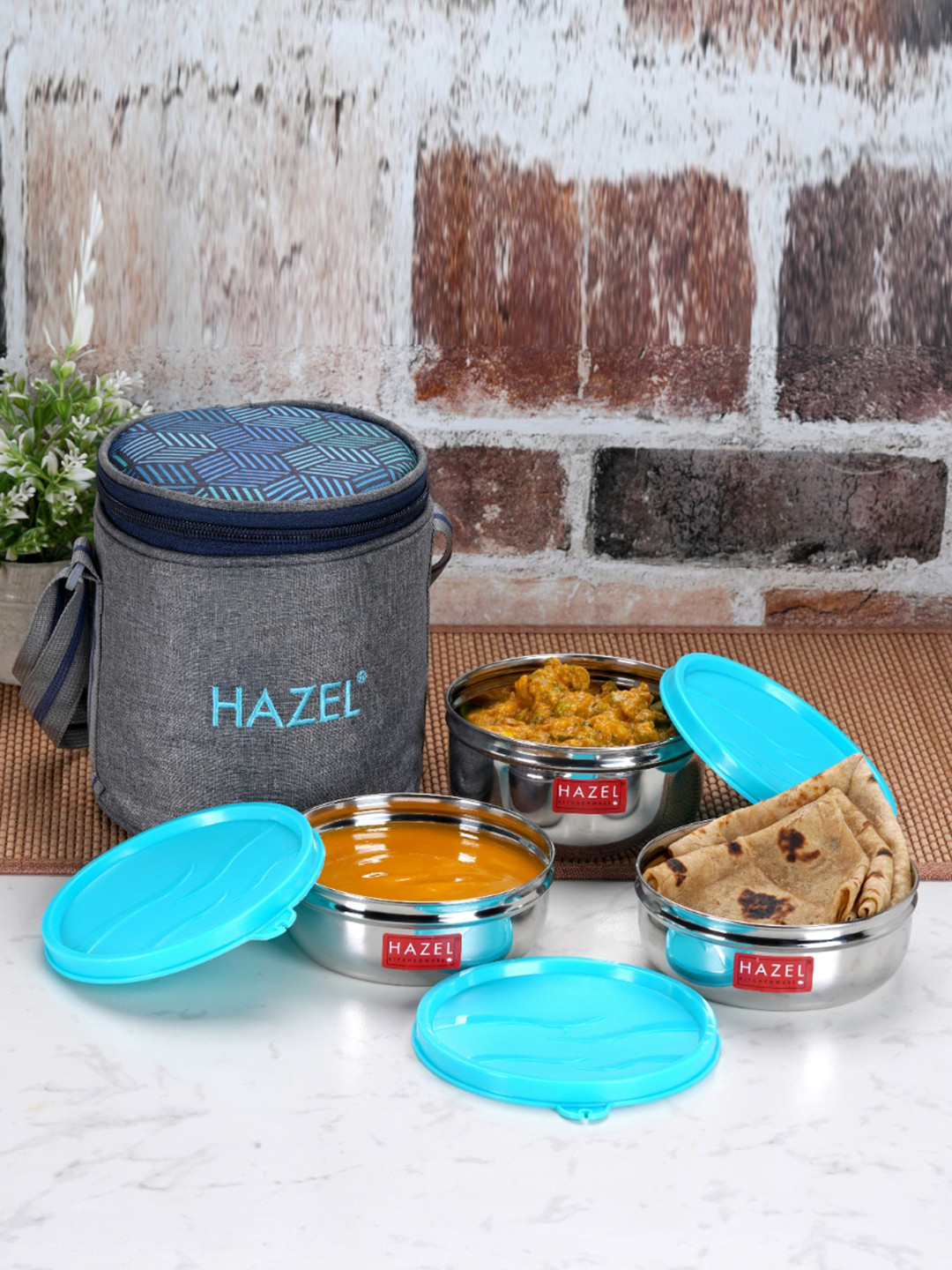 

HAZEL 3 Pieces Blue Stainless Steel Leak Proof Lunch Box With Lunch Bag