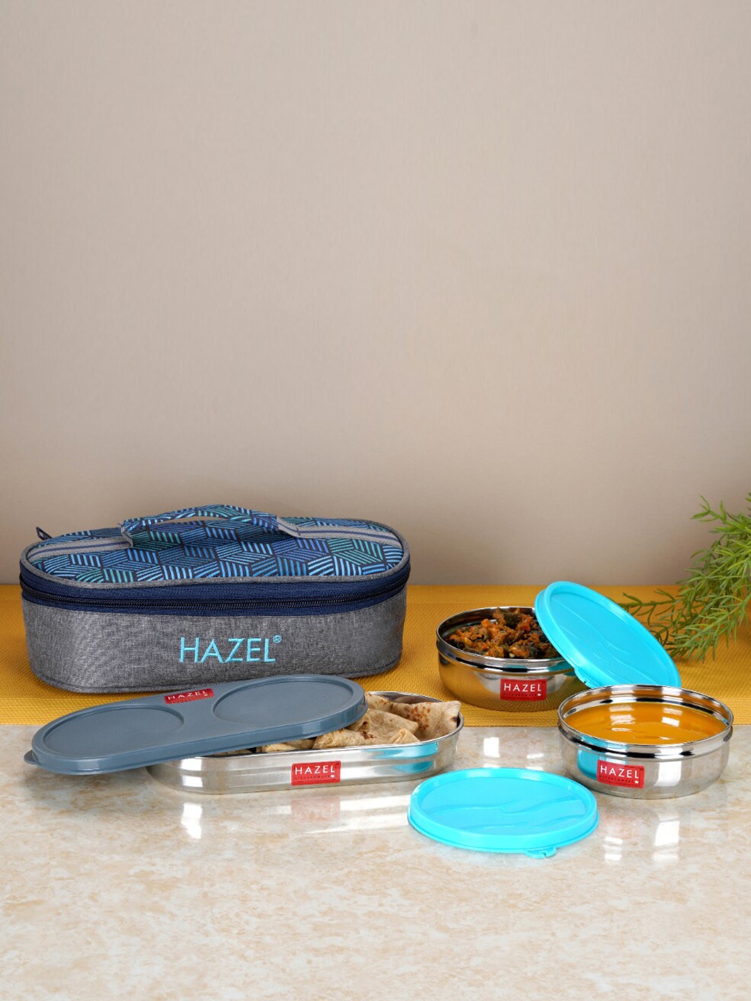 

HAZEL Blue 3 Pieces Leak Proof Lunch Box With Lunch Bag 900ml, Silver