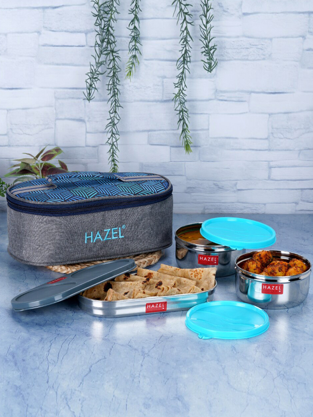 

HAZEL Blue 3 Pieces Stainless Steel Air Tight Lunch Boxes With Lunch Bag