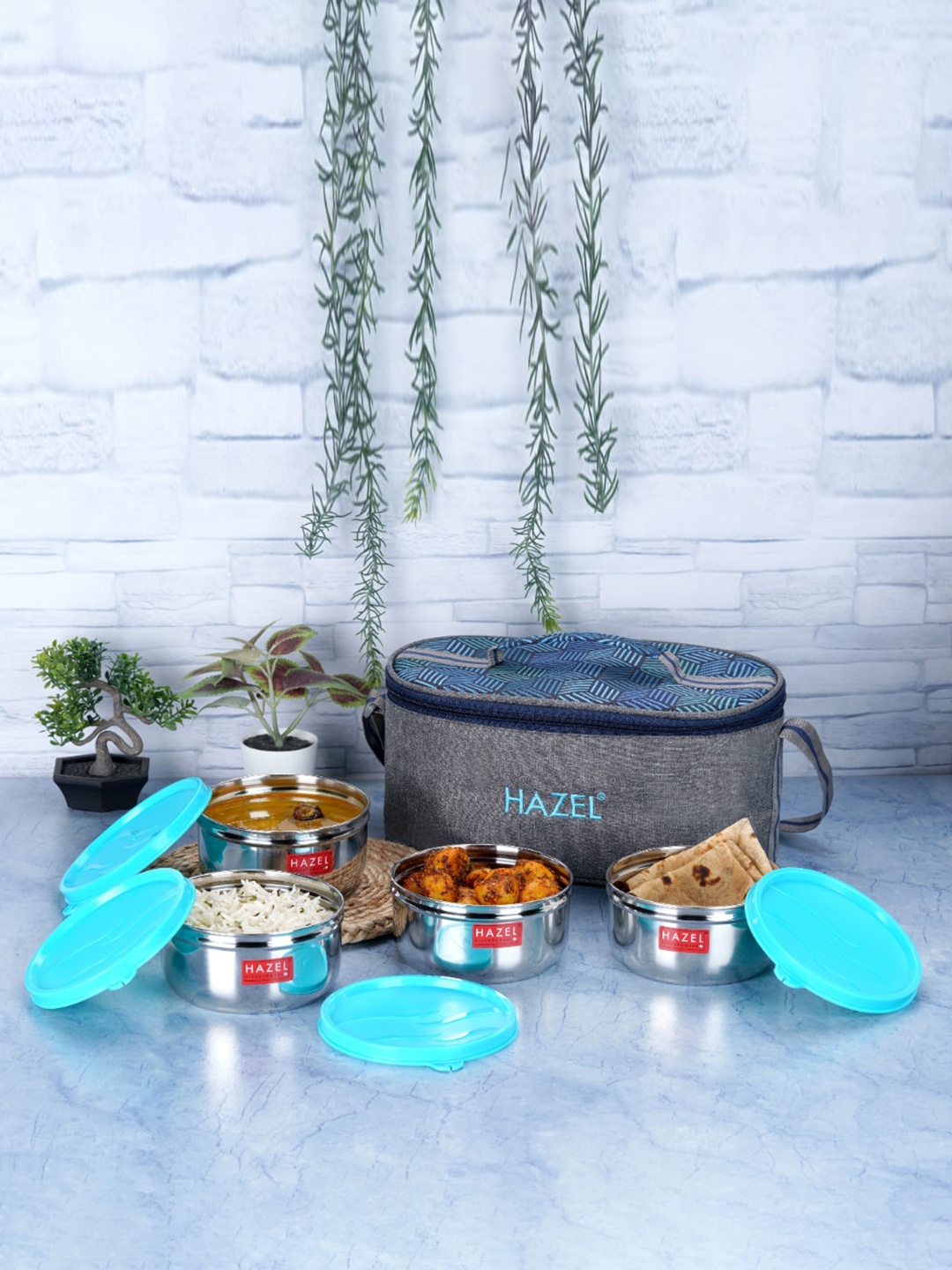 

HAZEL Blue 4 Pieces Stainless Steel Leak Proof Lunch Box With Lunch Bag