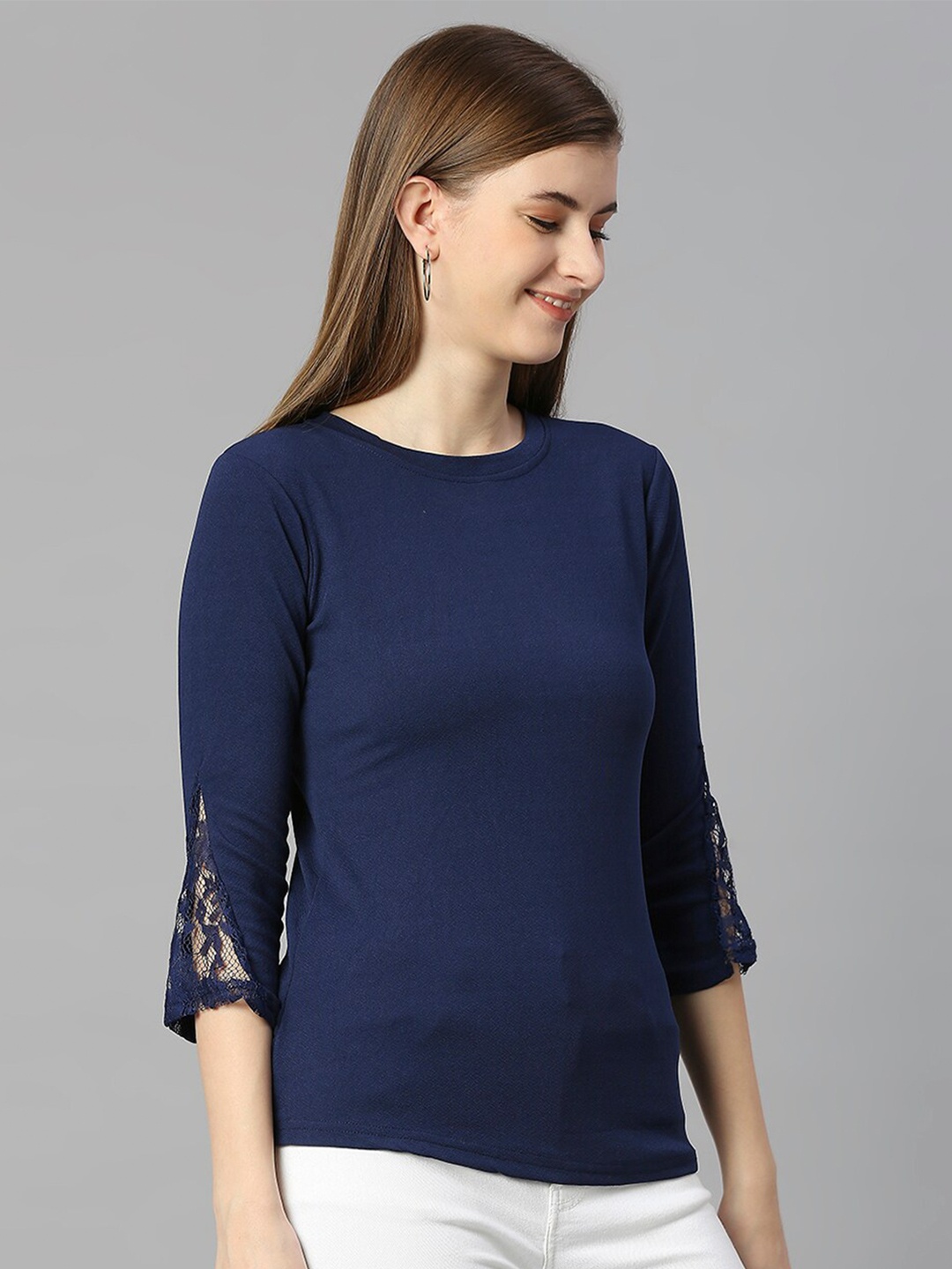

Paramparik Textile Lace Three-Quarter Sleeves Cotton Top, Blue