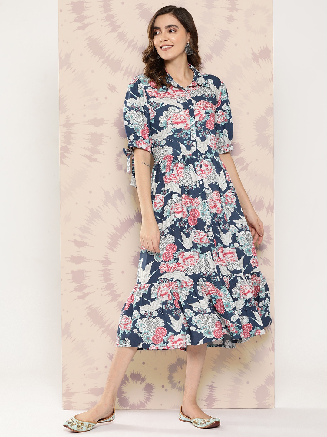 

Nayam By Lakshita Floral Printed Puff Sleeve A-Line Midi Dress, Blue