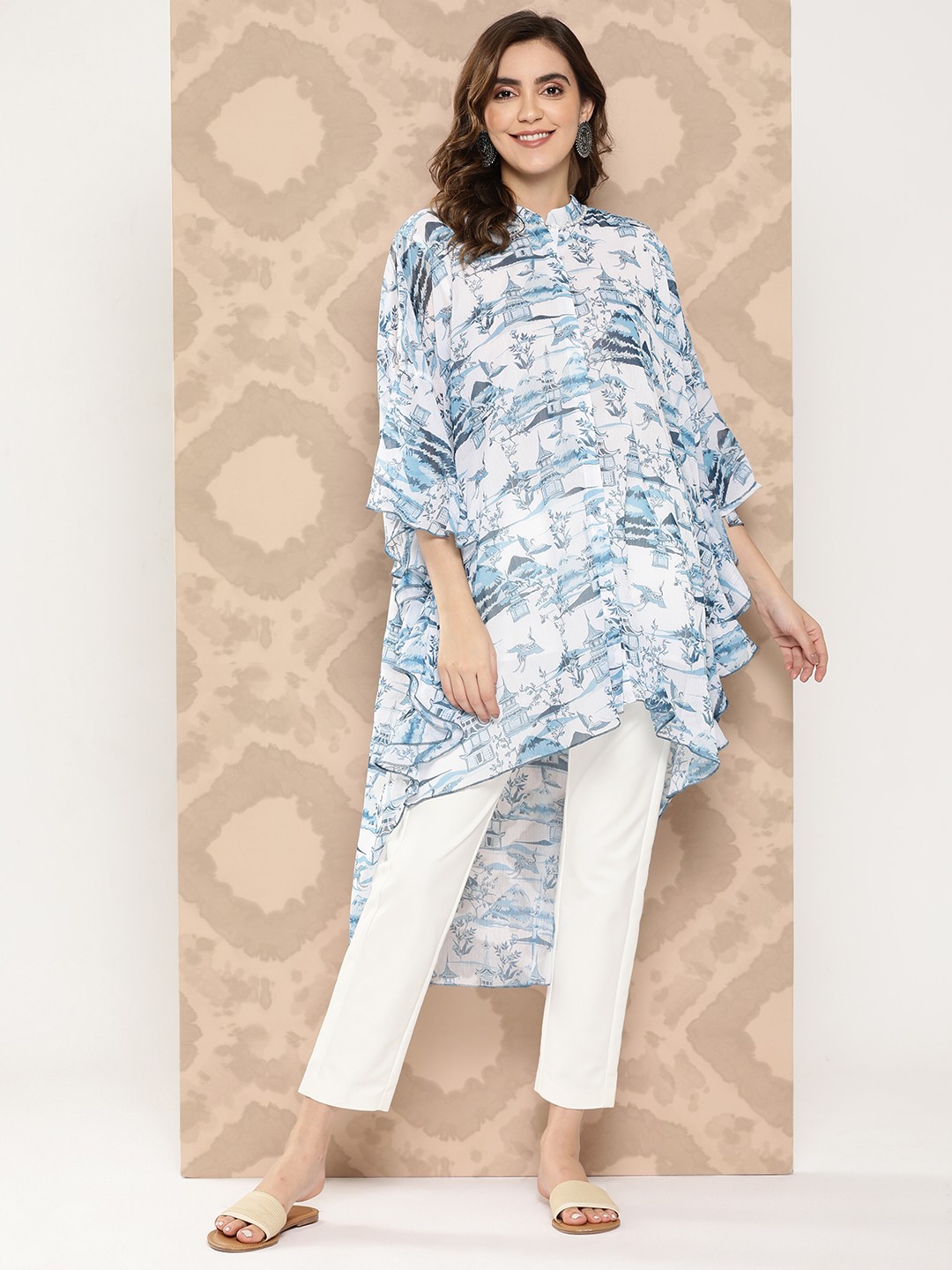 

Nayam By Lakshita Women Printed Flared Sleeves Chiffon Kaftan Kurta, Blue