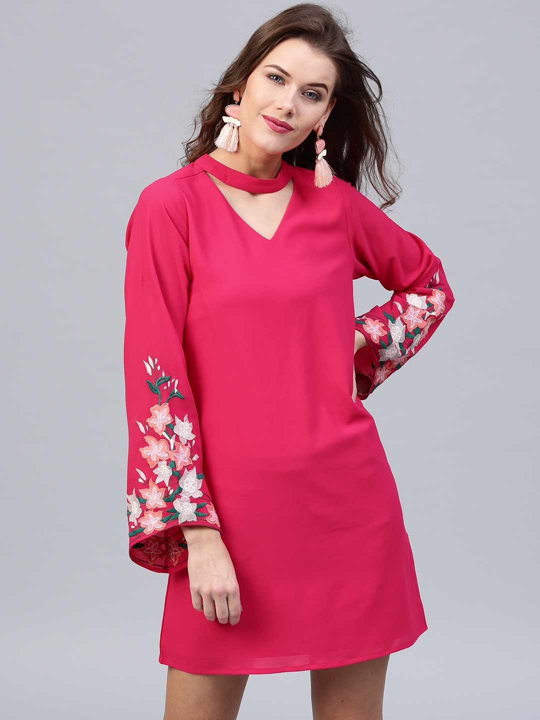 

SASSAFRAS Women Pink Embroidered Detail A-Line Dress