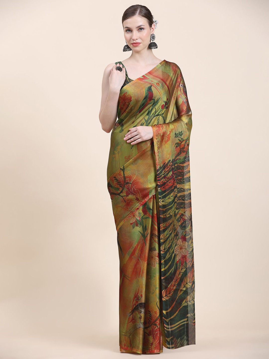 

Phenav Abstract Printed Silk Cotton Saree, Green