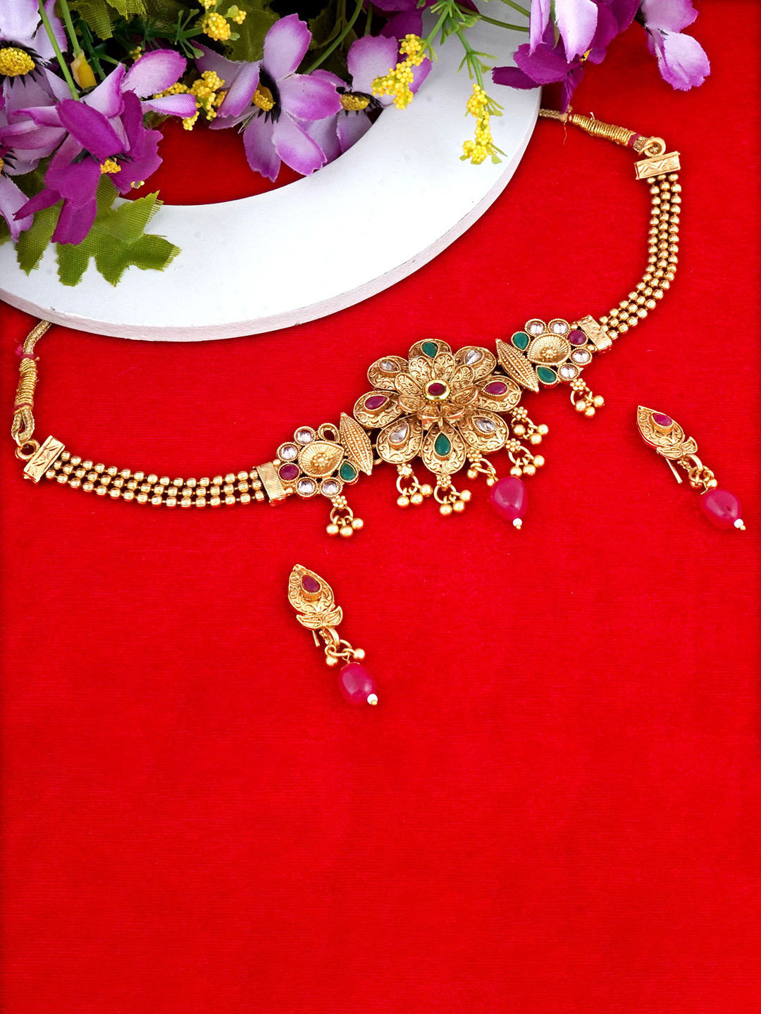 

MANSIYAORANGE Gold-Plated Stone Studded Temple Necklace & Earrings