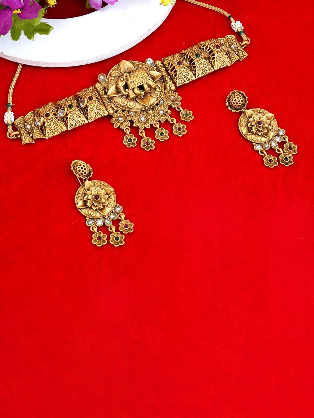 

MANSIYAORANGE Gold-Plated Stones Studded & Beaded Temple Necklace & Earrings