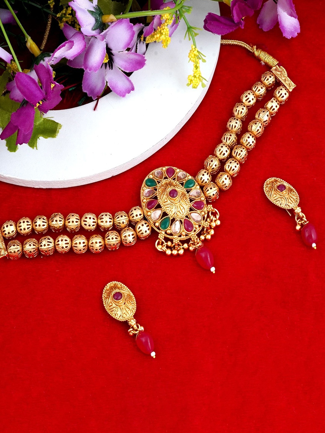 

MANSIYAORANGE Gold-Plated Stone-Studded & Beaded Temple Necklace & Earrings