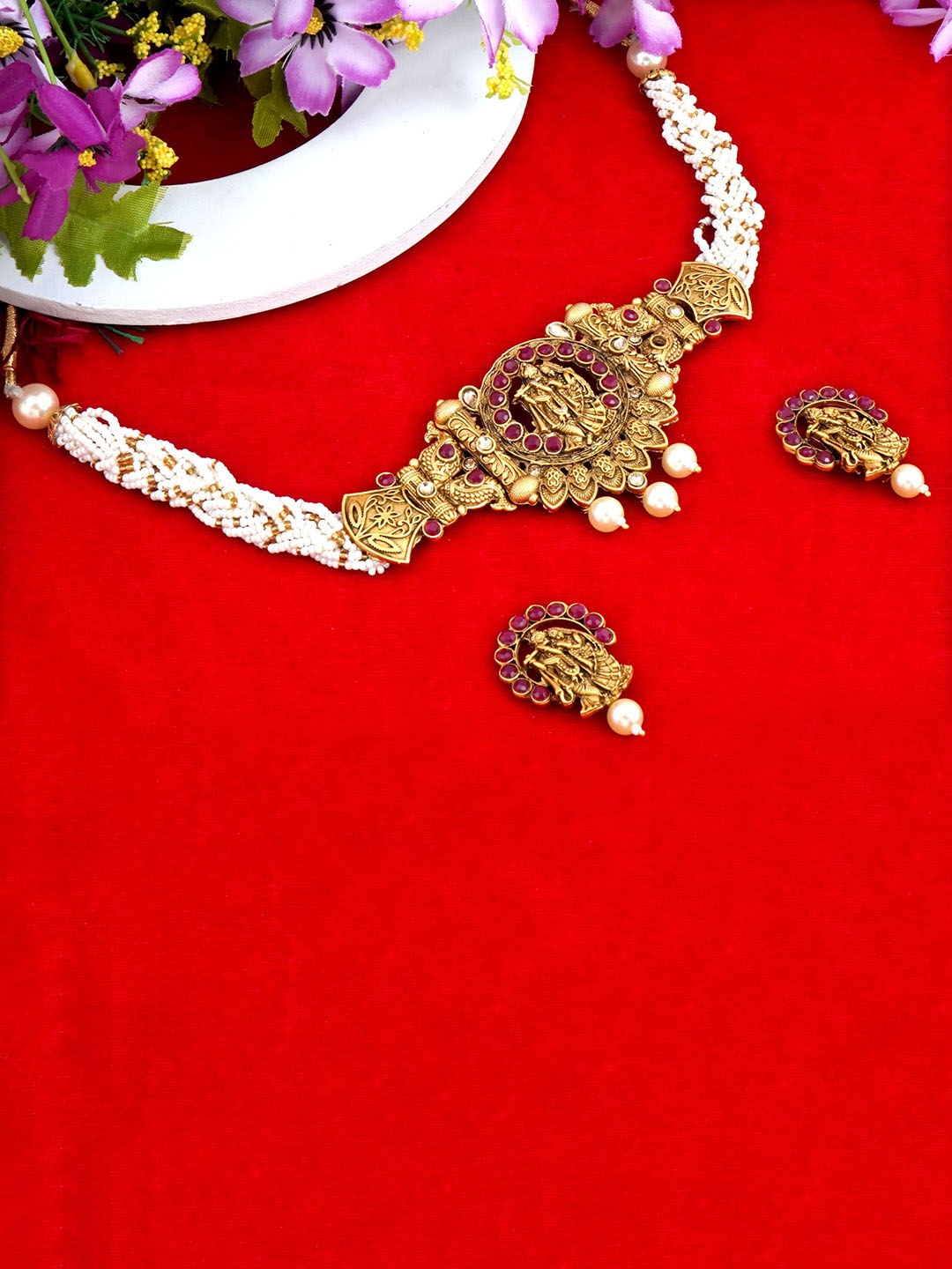 

MANSIYAORANGE Gold-Plated Stone Studded & Beaded Temple Theme Necklace & Earrings