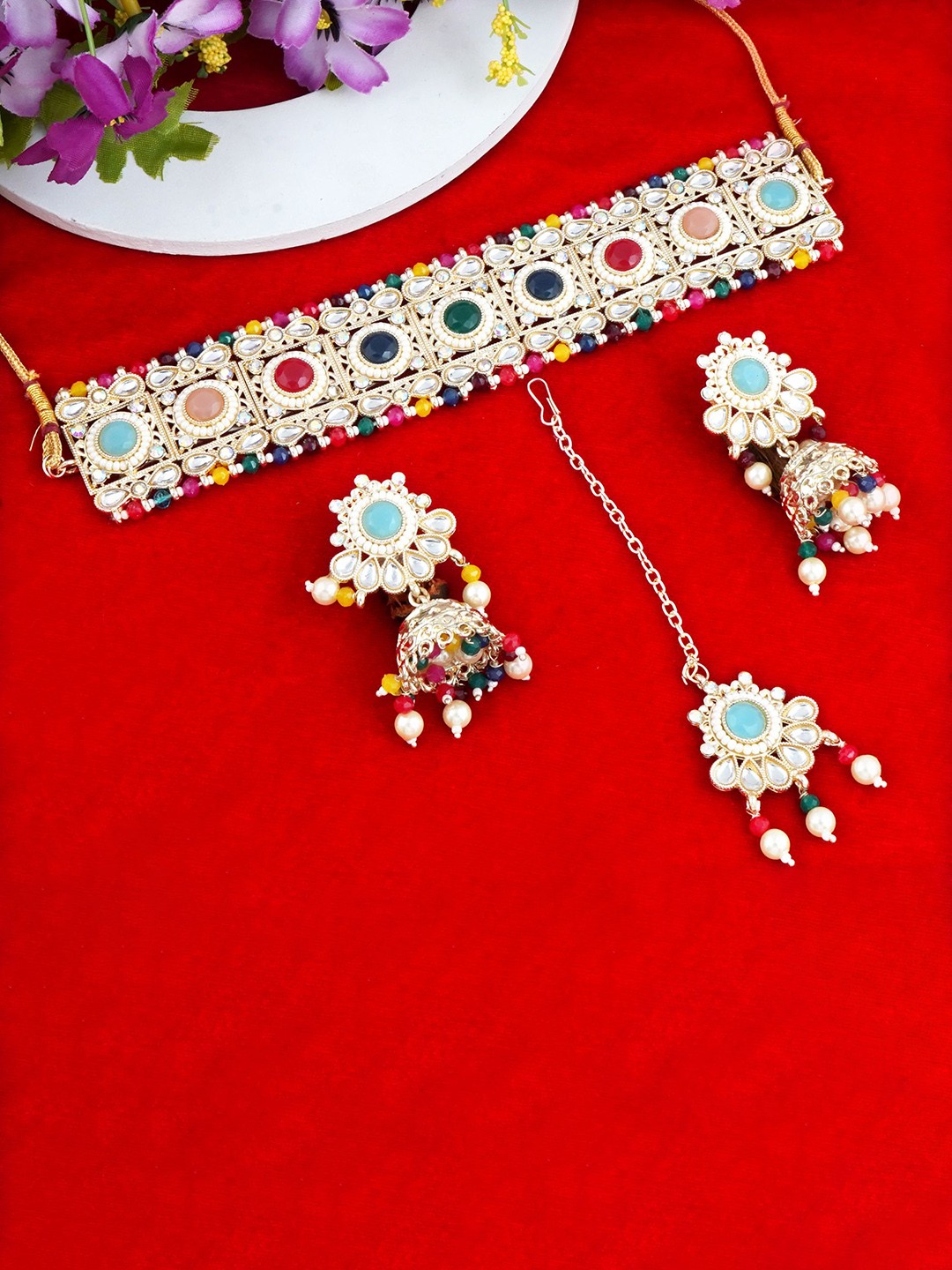 

MANSIYAORANGE Gold-Plated Stone-Studded & Beaded Necklace & Earrings