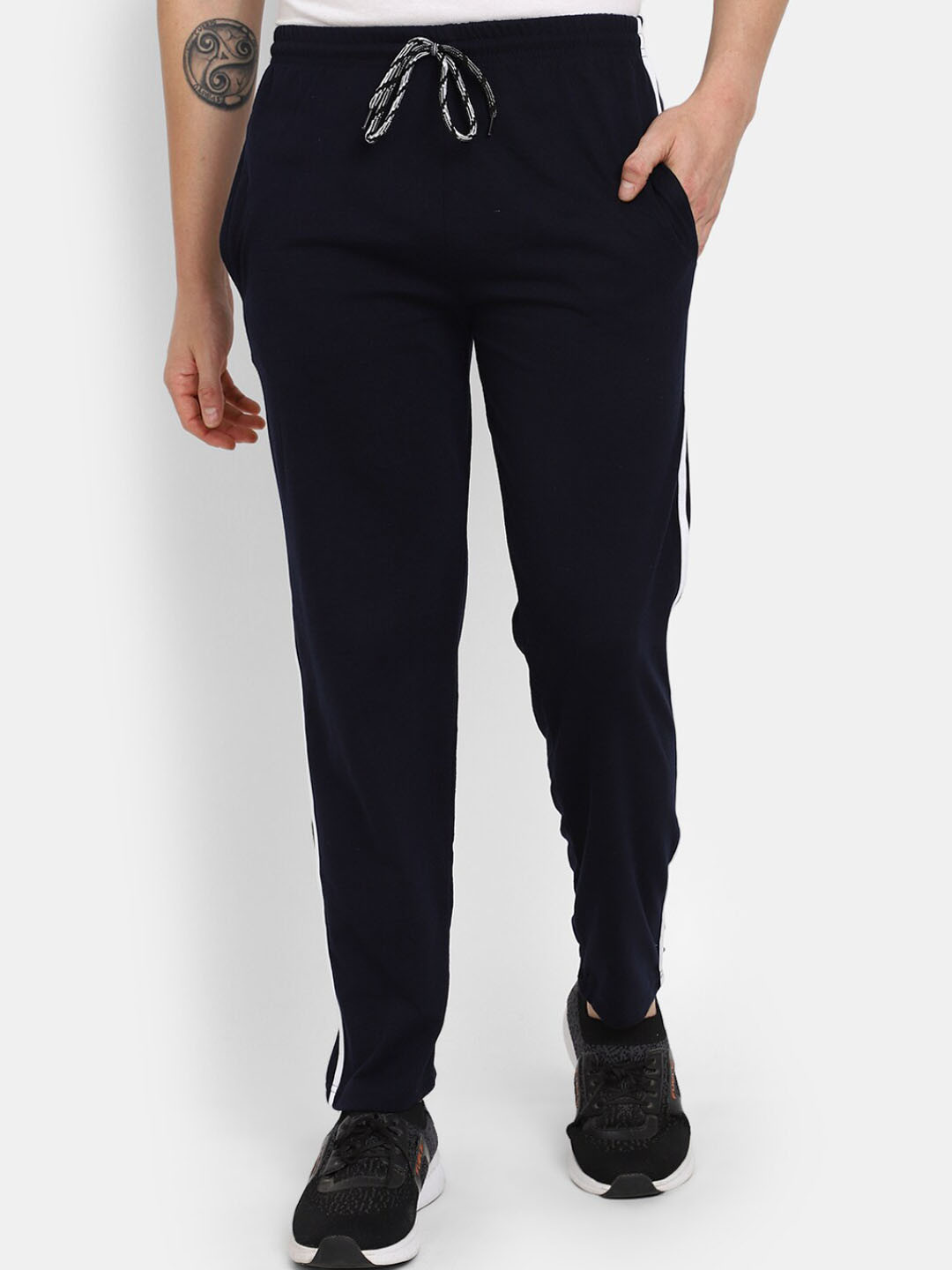 

V-Mart Men Side Striped Detail Straight Cotton Track Pants, Navy blue