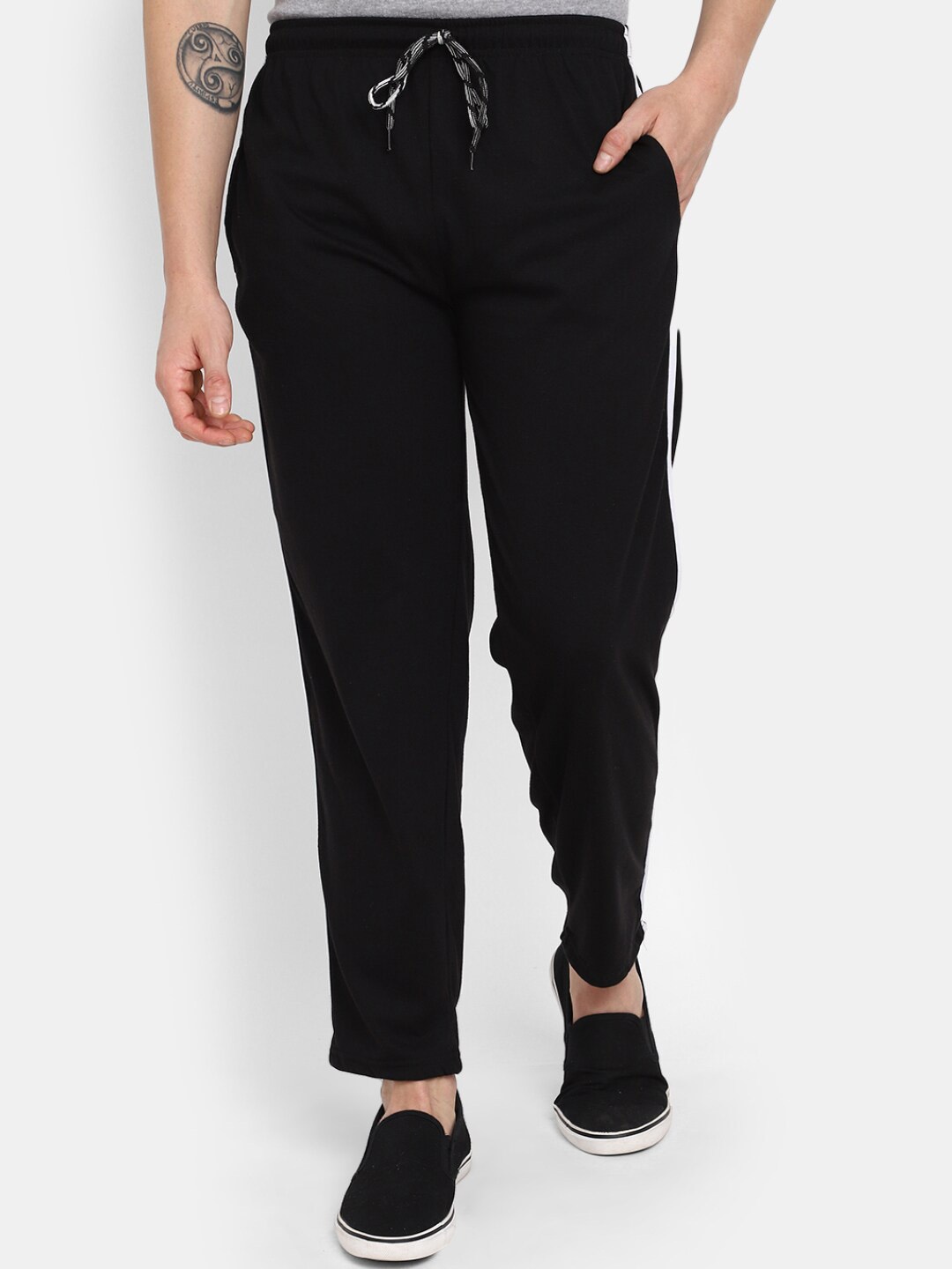

V-Mart Men Striped Straight Mid-Rise Cotton Track Pants, Black
