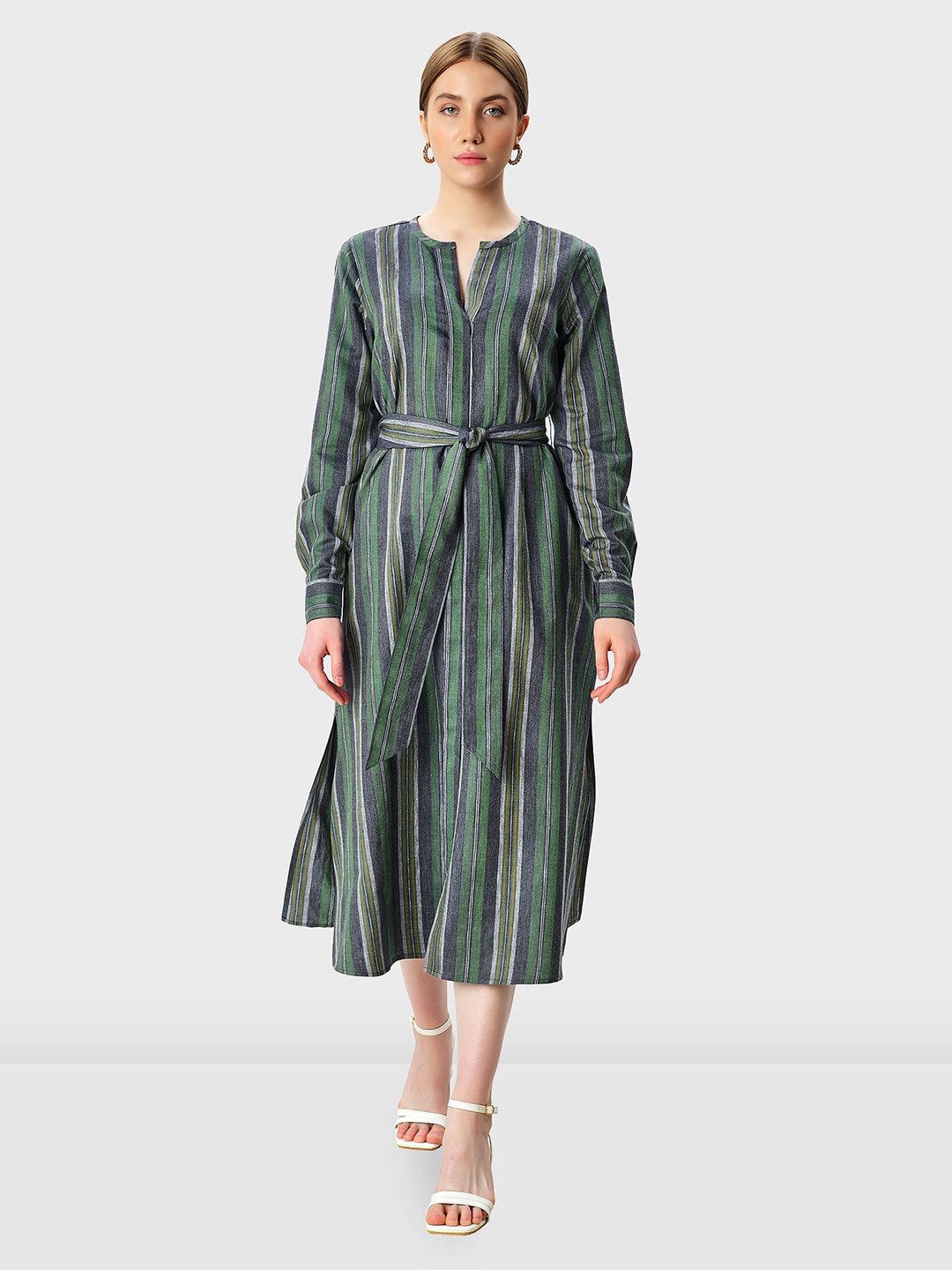 

Zapelle Striped Cotton A-Line Midi Dress With Belt, Grey