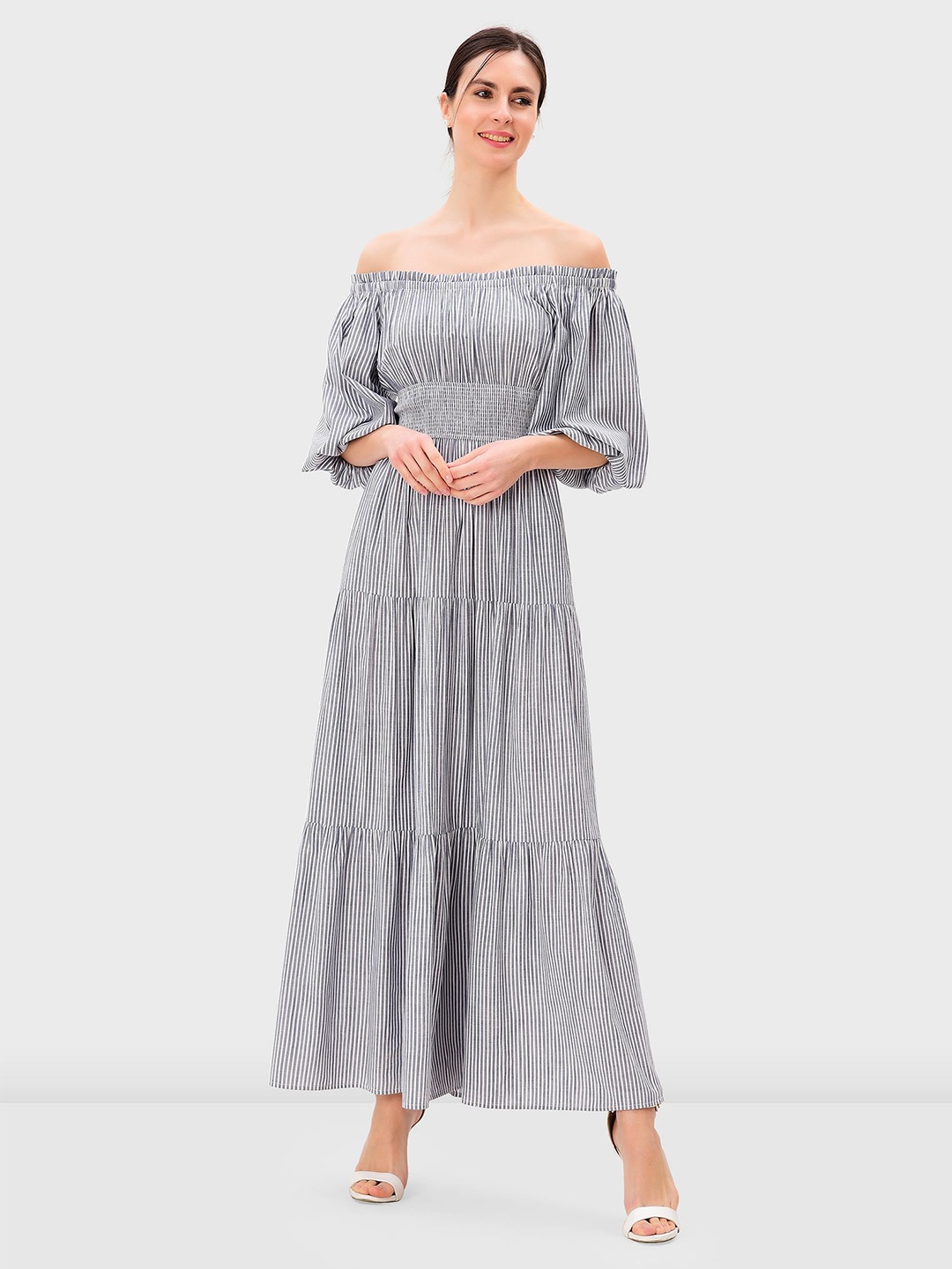 

Zapelle Striped Off-Shoulder Puff Sleeve Maxi Dress, Grey