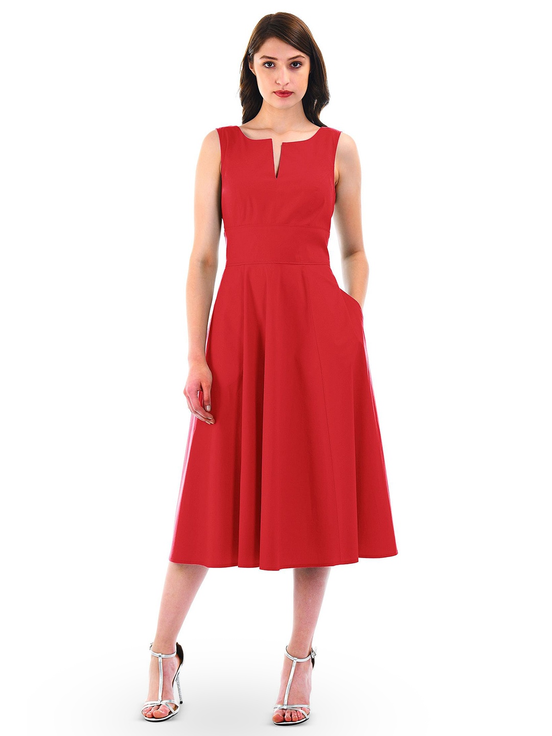 

Zapelle Notched Neck Cotton Fit & Flare Midi Dress, Red