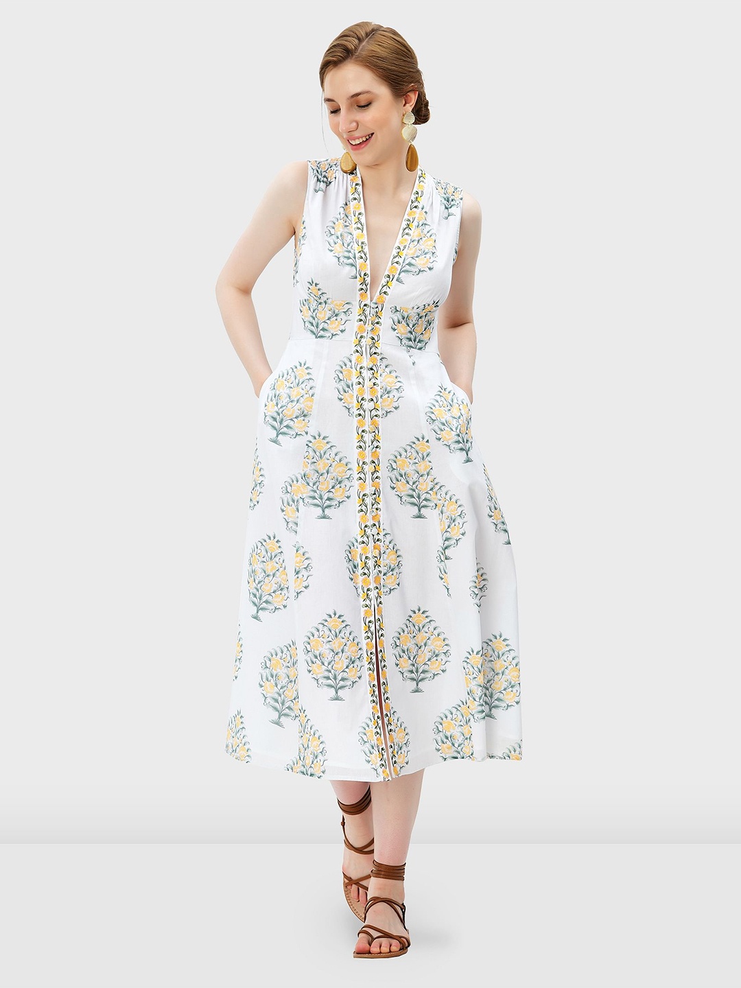 

Zapelle Ethnic Motifs Printed Cotton Empire Midi Dress, White