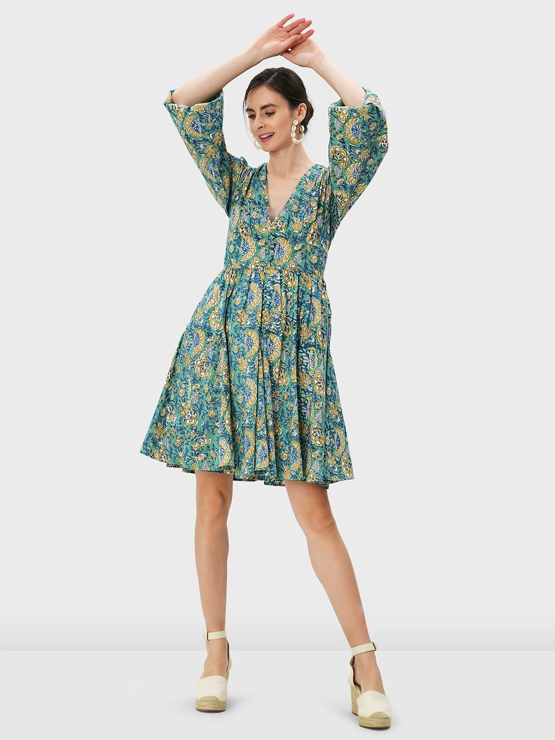 

Zapelle Floral Printed Cotton Puff Sleeves A-Line Dress, Green