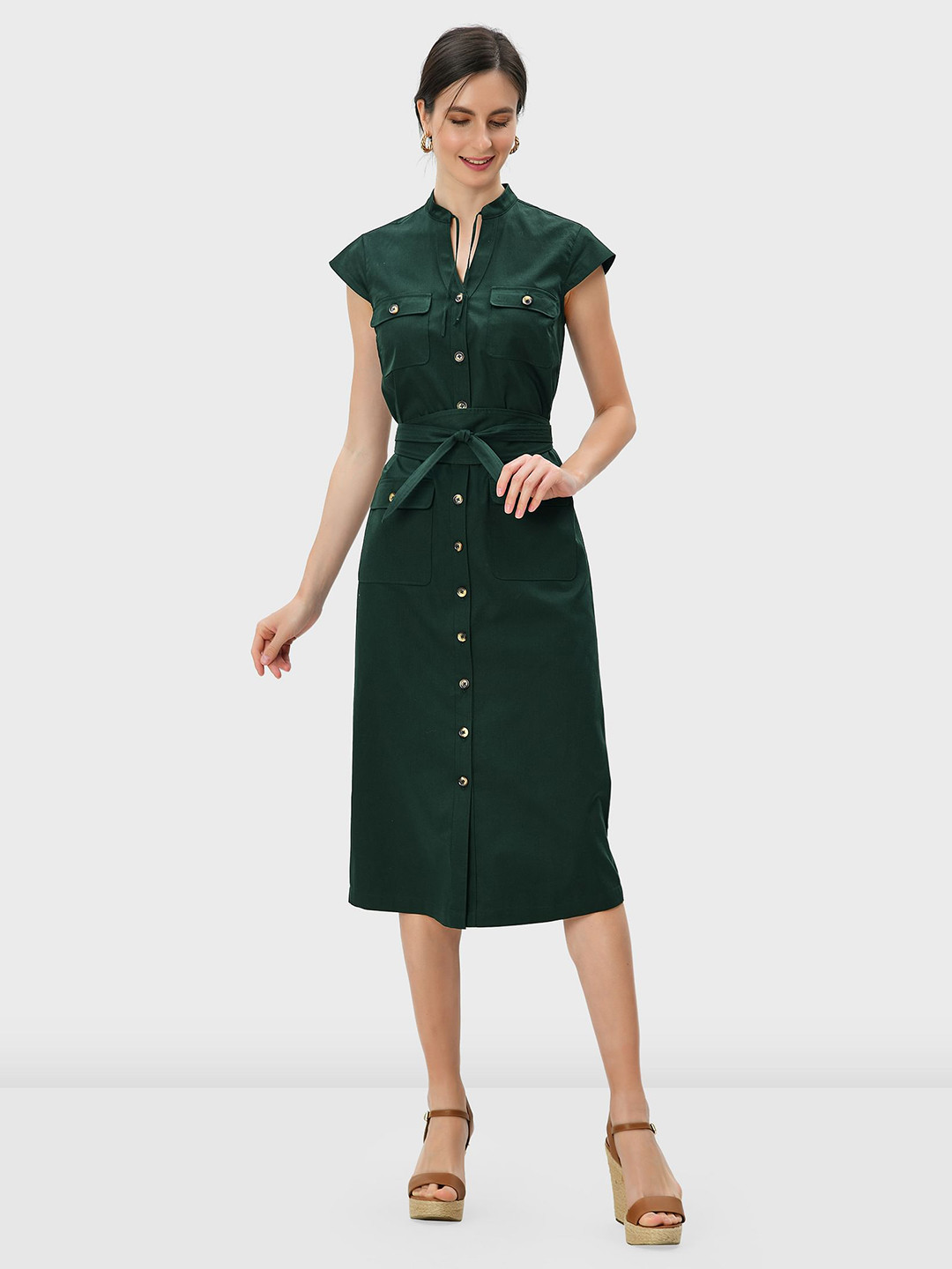 

Zapelle Tie Up Neck Midi Satin Shirt Dress With Belt, Green