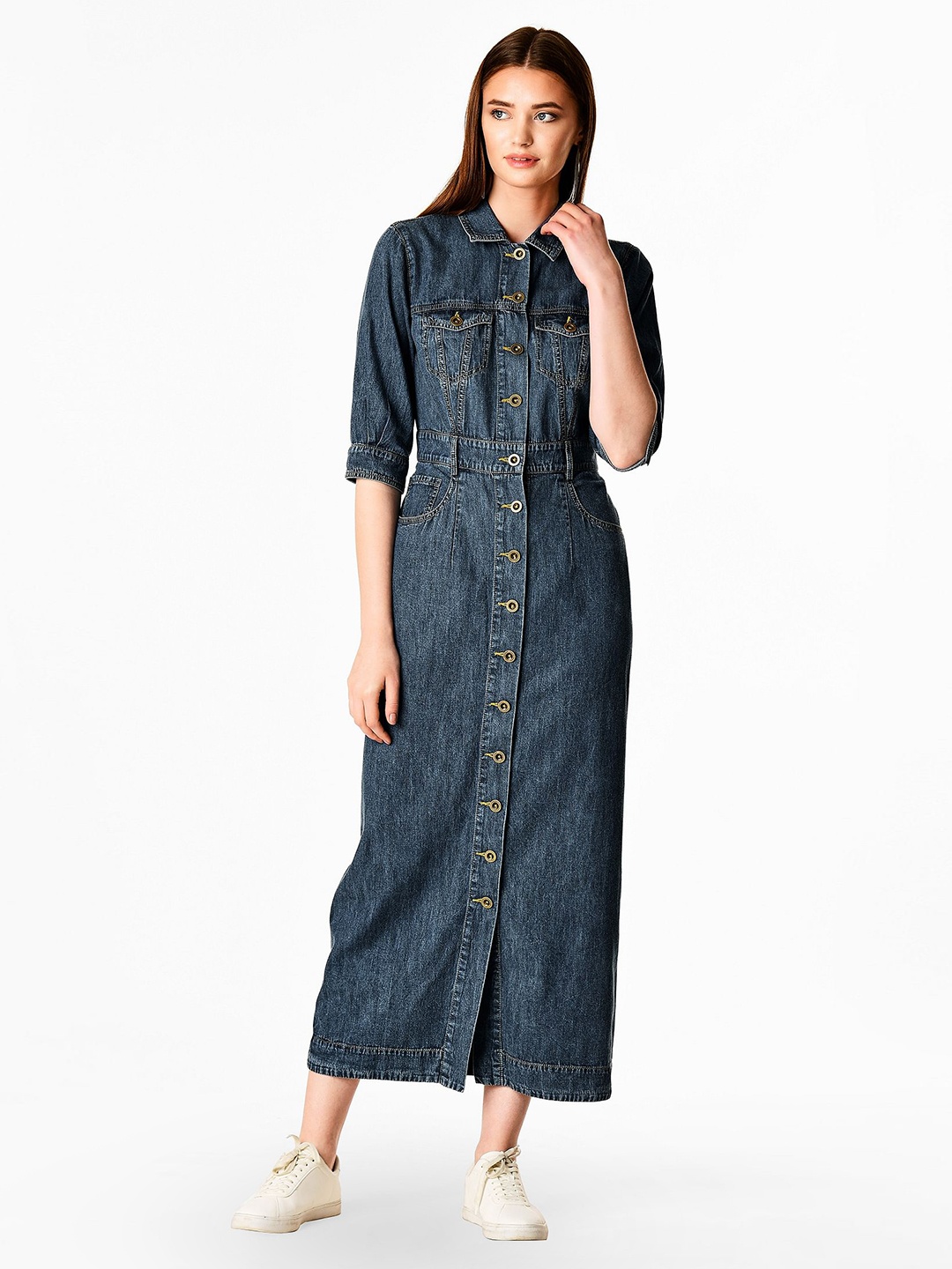 

Zapelle Cuffed Sleeves Denim Shirt Midi Dress, Blue