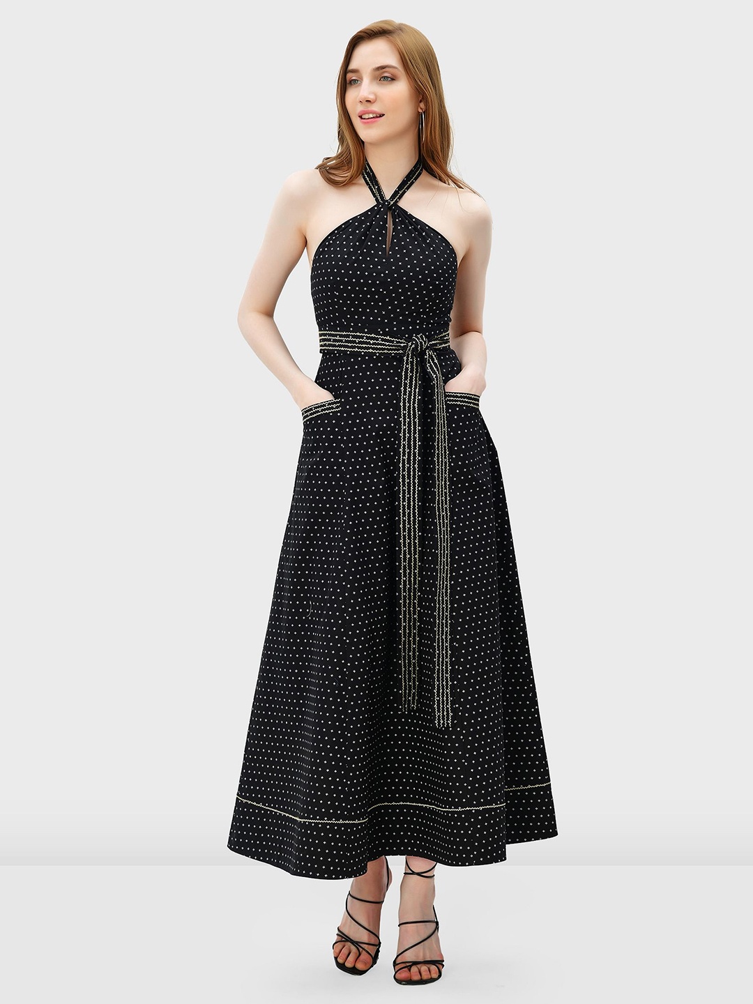 

Zapelle Polka Dot Print Halter Neck Maxi Dress, Black