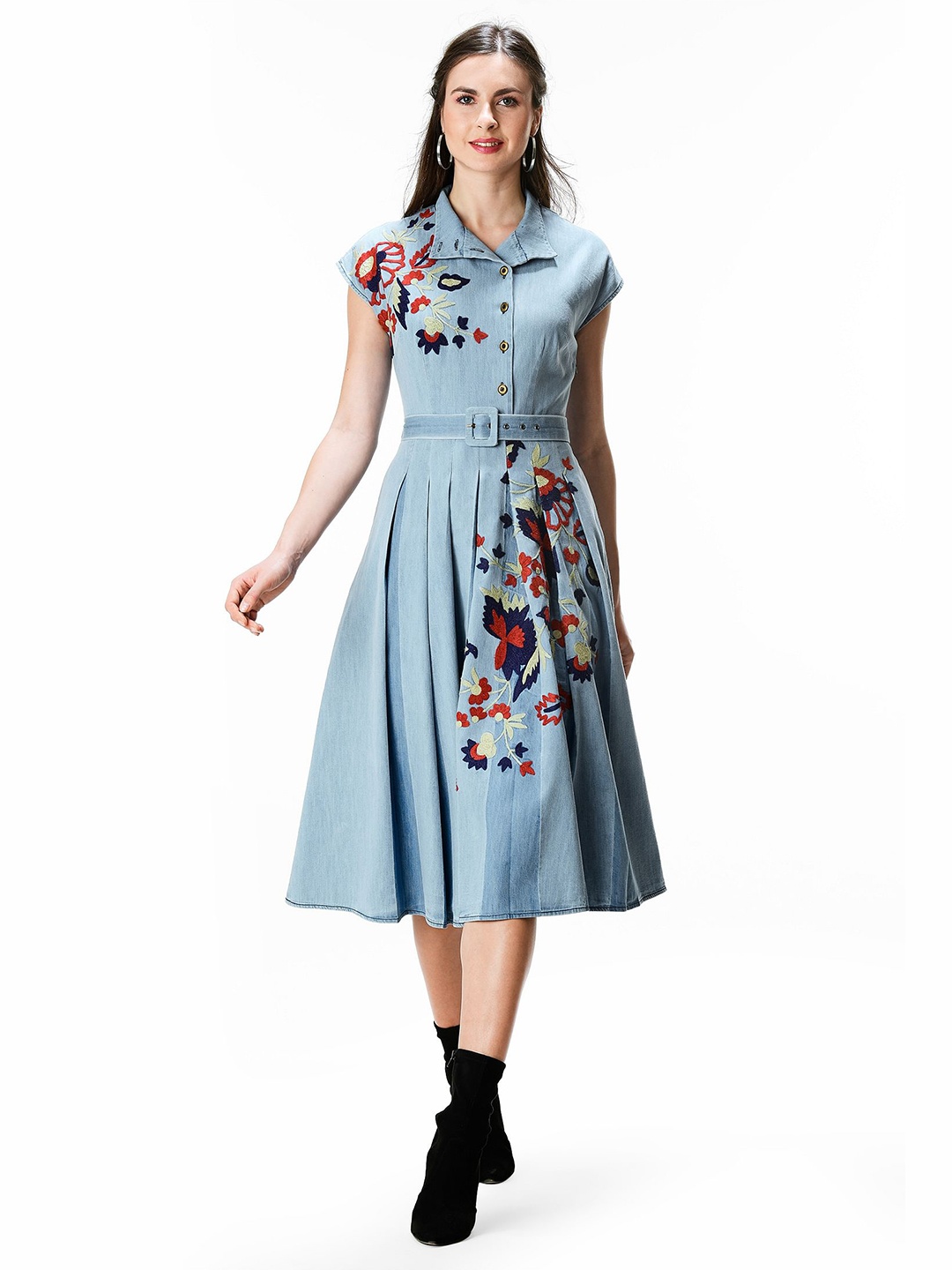 

Zapelle Denim Fit & Flare Cotton Midi Dress With Floral Embroidered Details, Blue