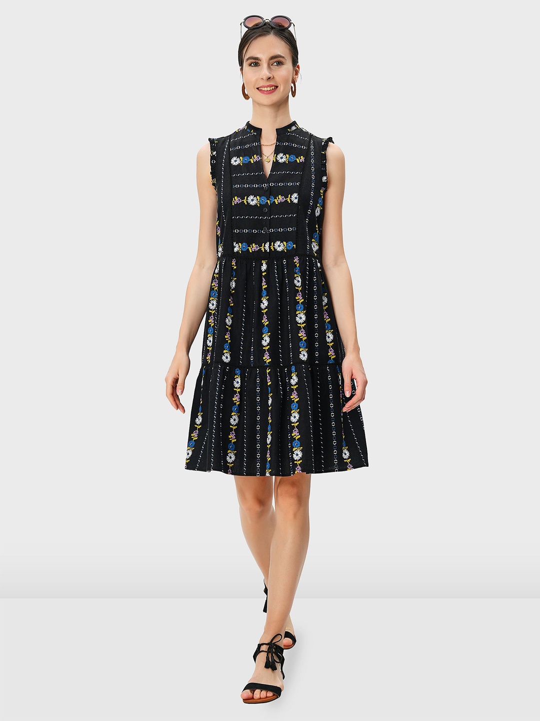 

Zapelle Floral Print Linen Fit & Flare Dress, Navy blue