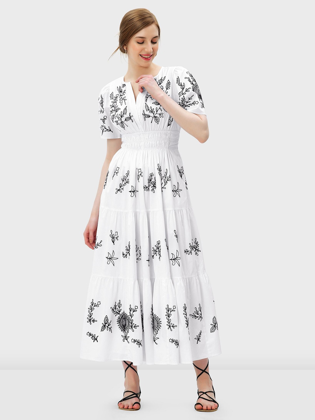 

Zapelle Floral Printed Cotton Notched Neck A-Line Dress, White