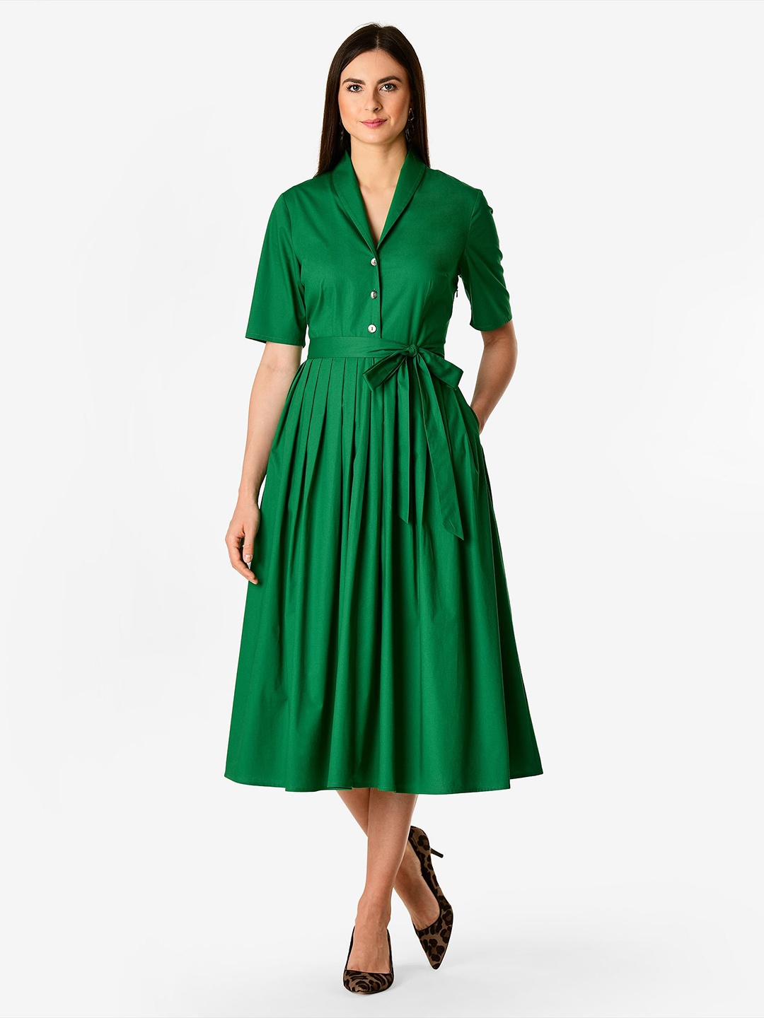 

Zapelle Shawl Collar Cotton Fit & Flare Midi Dress, Green