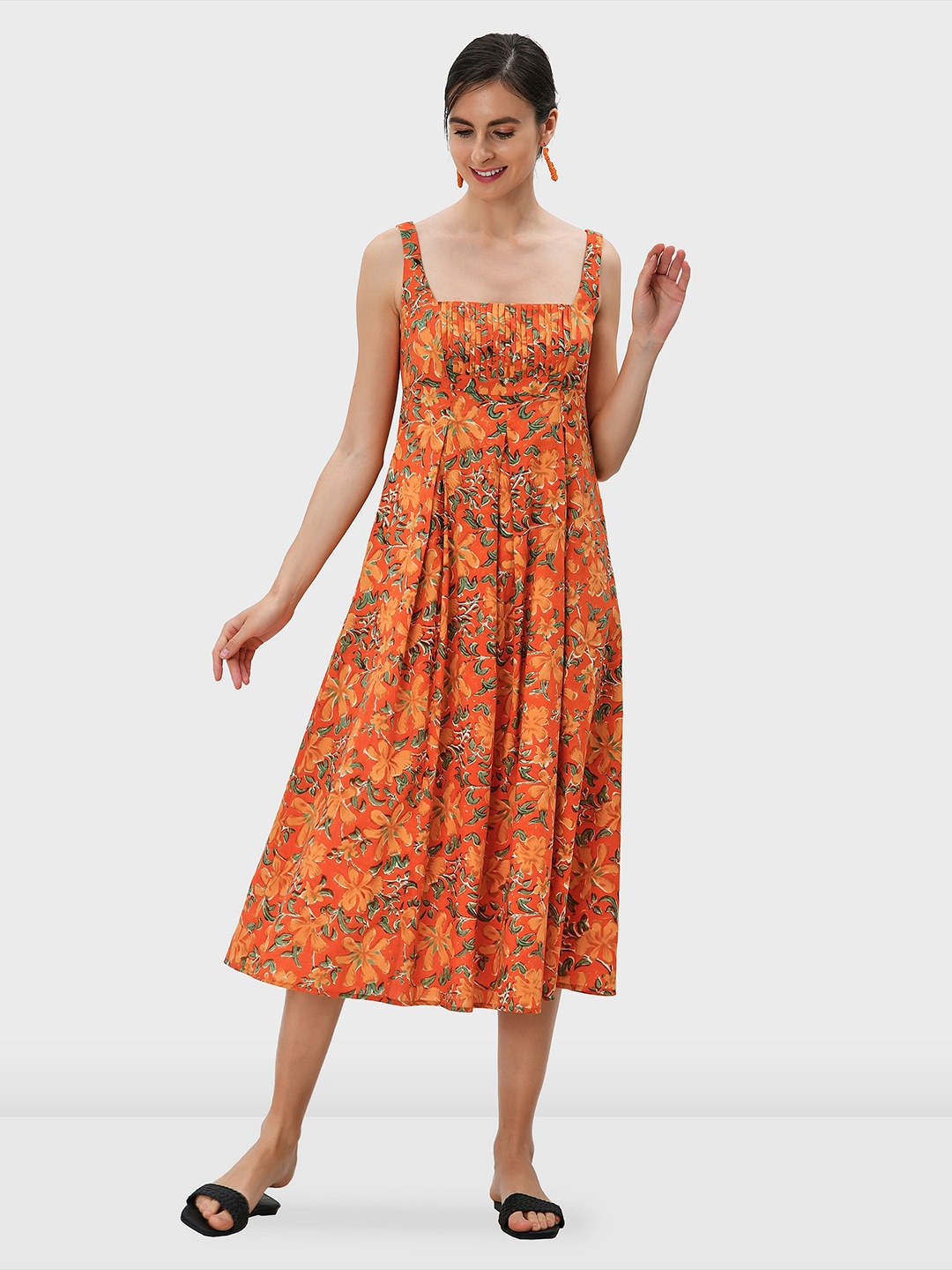

Zapelle Floral Printed Cotton Fit & Flare Midi Dress, Orange