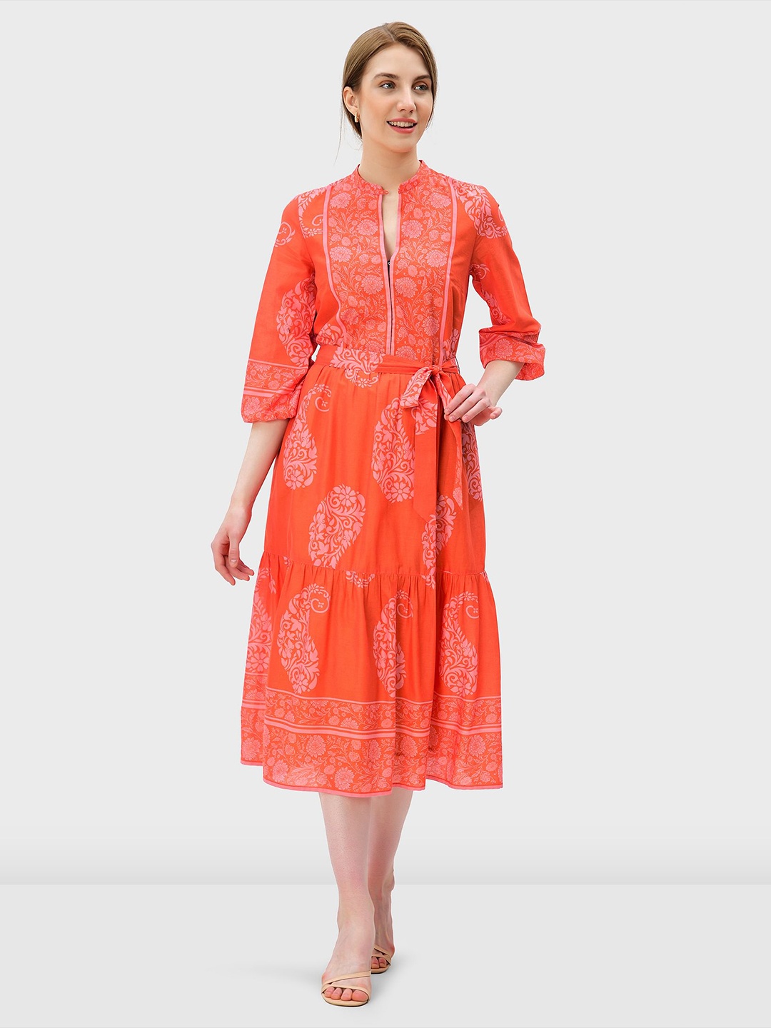 

Zapelle Ethnic Motif Printed Cotton A-Line Midi Dress, Orange