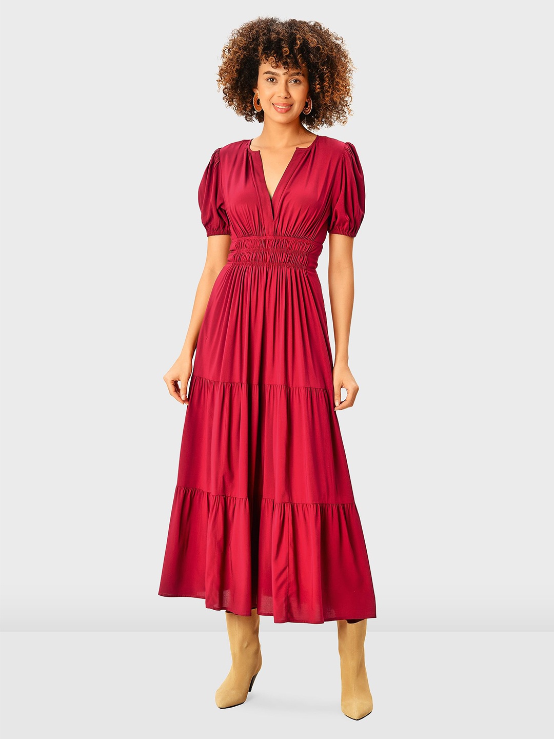 

Zapelle Puff Sleeve Tiered Smocked A-Line Midi Dress, Red