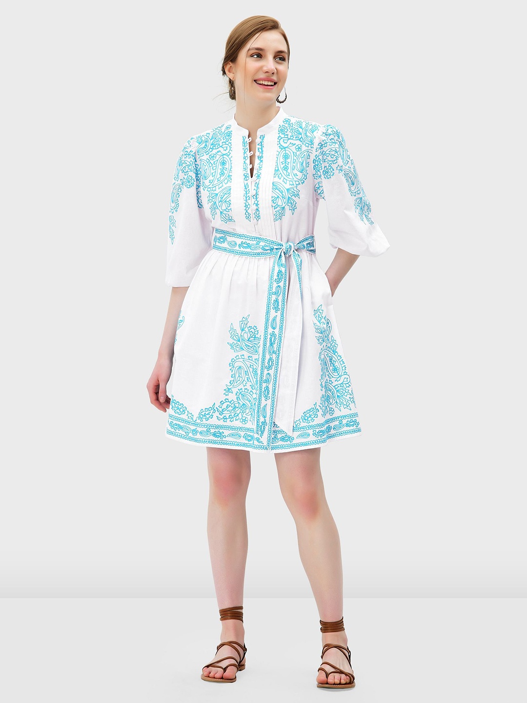 

Zapelle Ethnic Motifs Print Linen A-Line Dress, White
