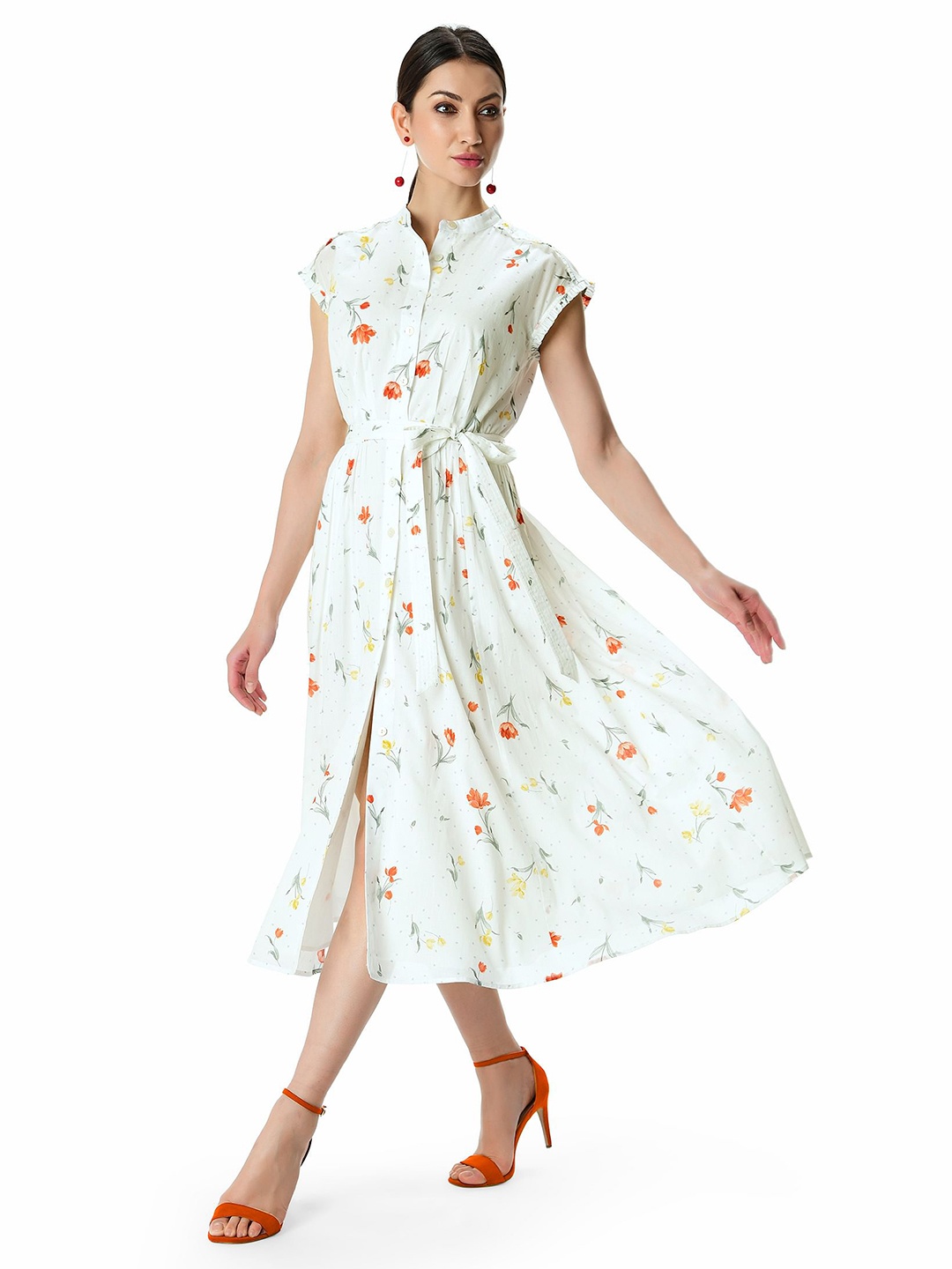 

Zapelle Floral Printed Fit & Flare Cotton Midi Dress With Belt, White