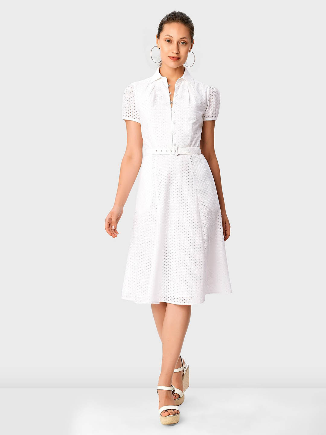 

Zapelle Shirt Collar Schiffli Cotton Shirt Dress, White