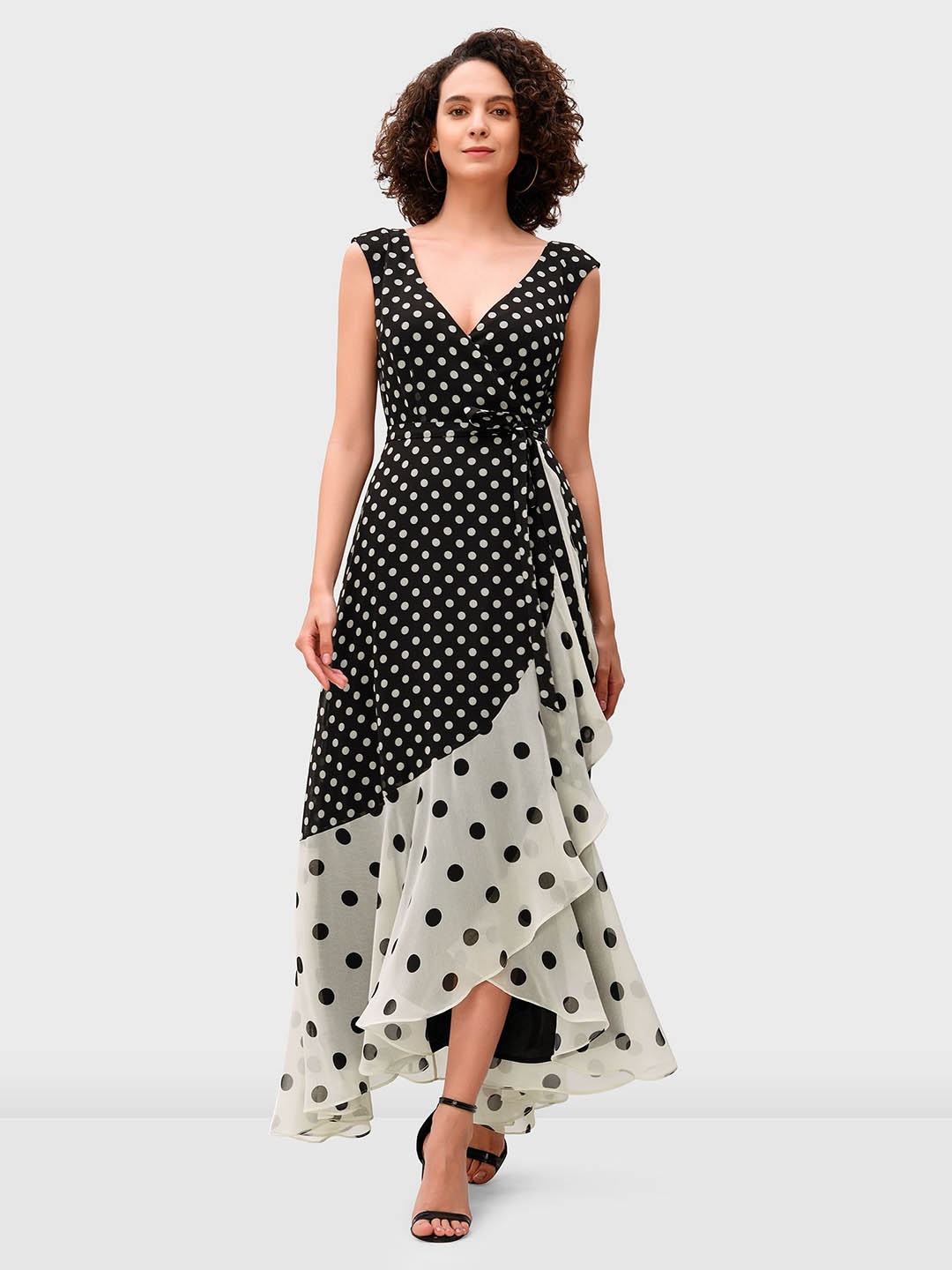 

Zapelle Polka Dots Printed V-Neck Wrap Maxi Dress, Black