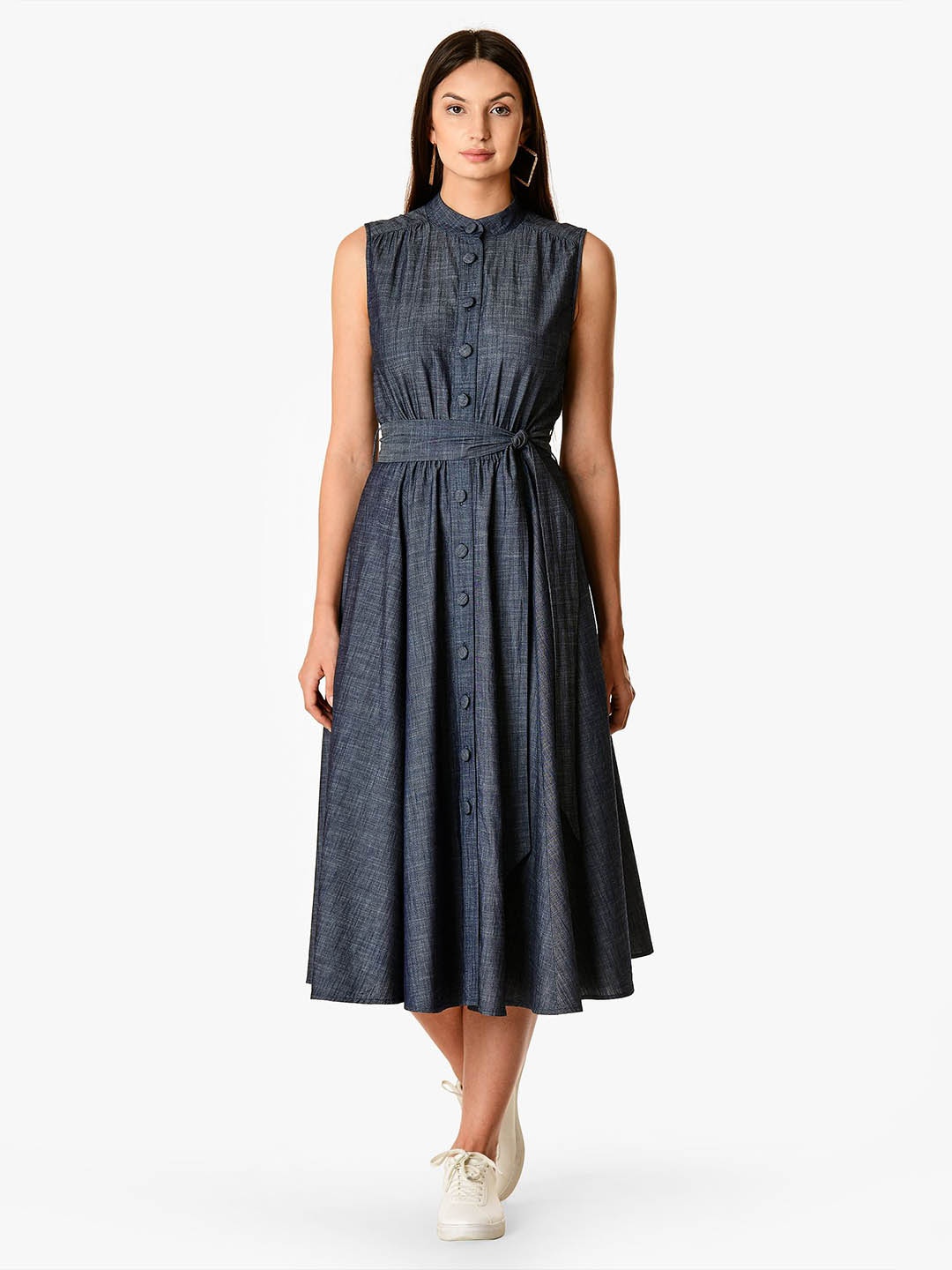

Zapelle Mandarin Collar Sleeveless Midi A-Line Dress with Belt, Navy blue
