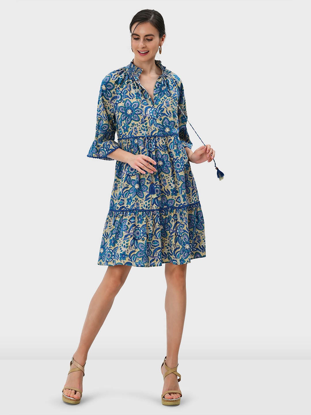 

Zapelle Floral Printed Bell Sleeves Smocked Fit & Flare Dress, Blue
