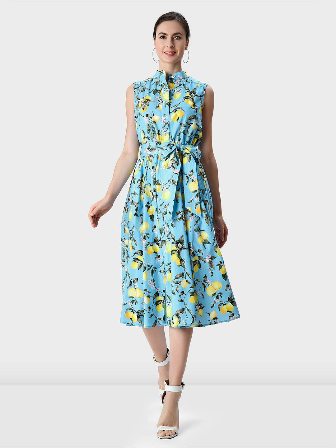 

Zapelle Floral Printed Cotton Shirt Midi Dress with Belt, Blue